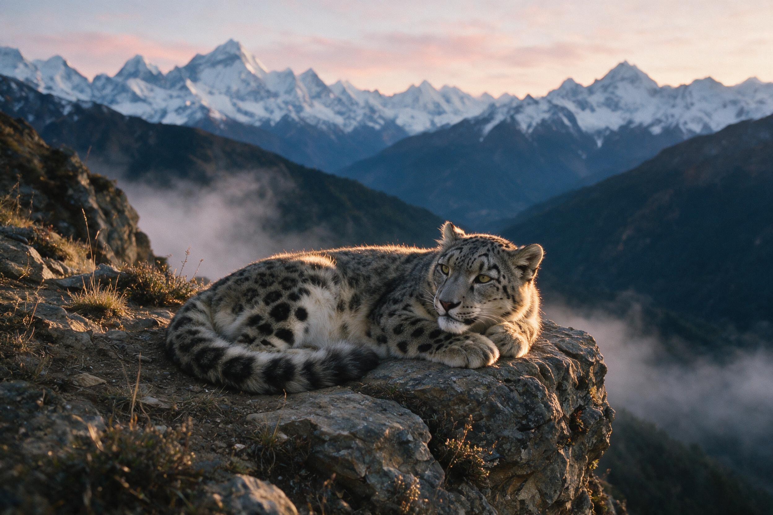 A snow leopard rests on a rugged Himalayan cliff at dusk, its spotted fur catching the last warm light, soft mist curling below, distant peaks in cool blue shadow, shot with a 200mm lens, shallow depth of field, natural grain.