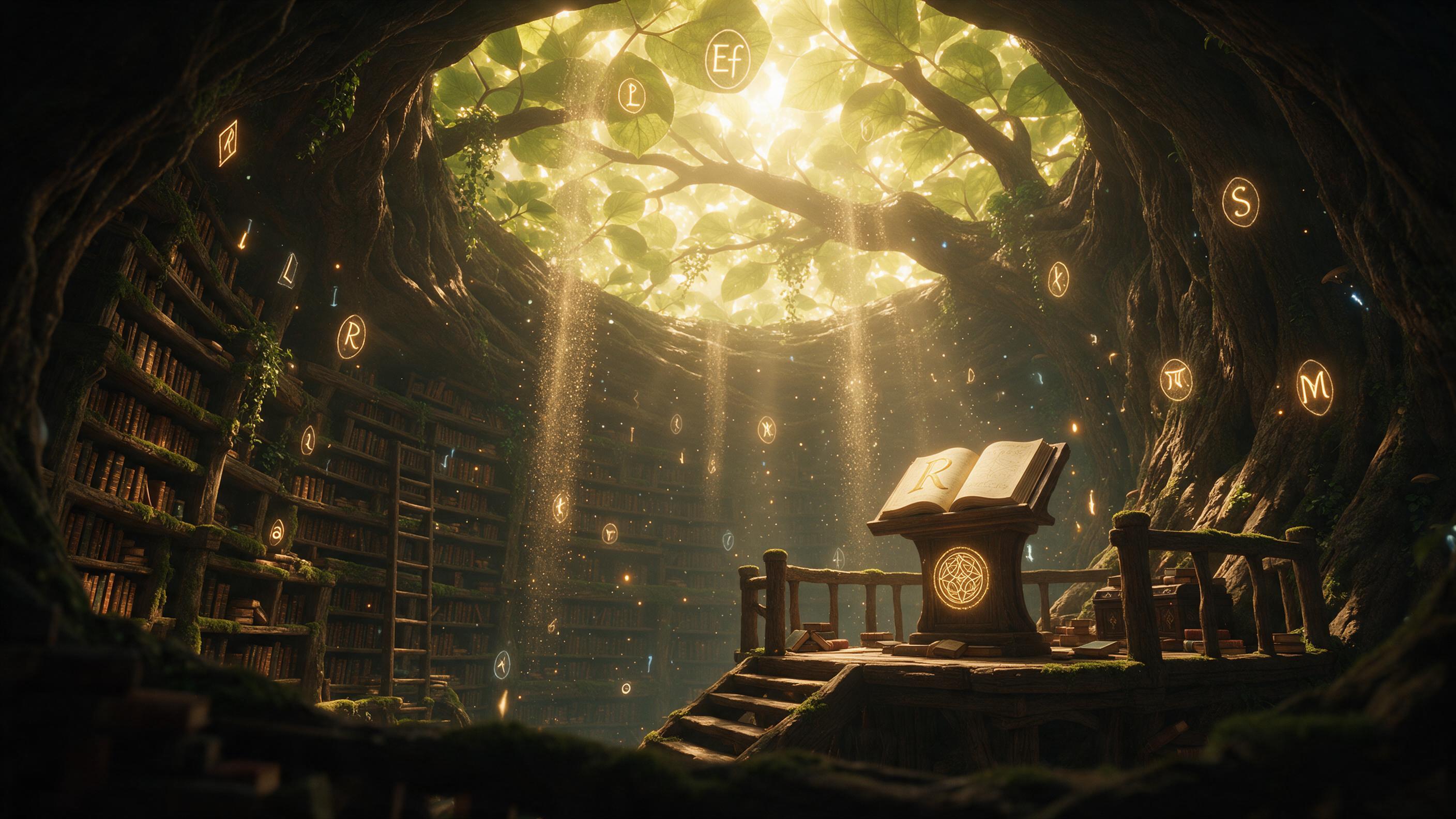 A forgotten library hidden inside a colossal ancient tree, floating glowing runes illuminate the mossy shelves, soft golden light filtering through translucent leaves, waterfalls of dust motes, sense of wonder, cinematic wide shot.