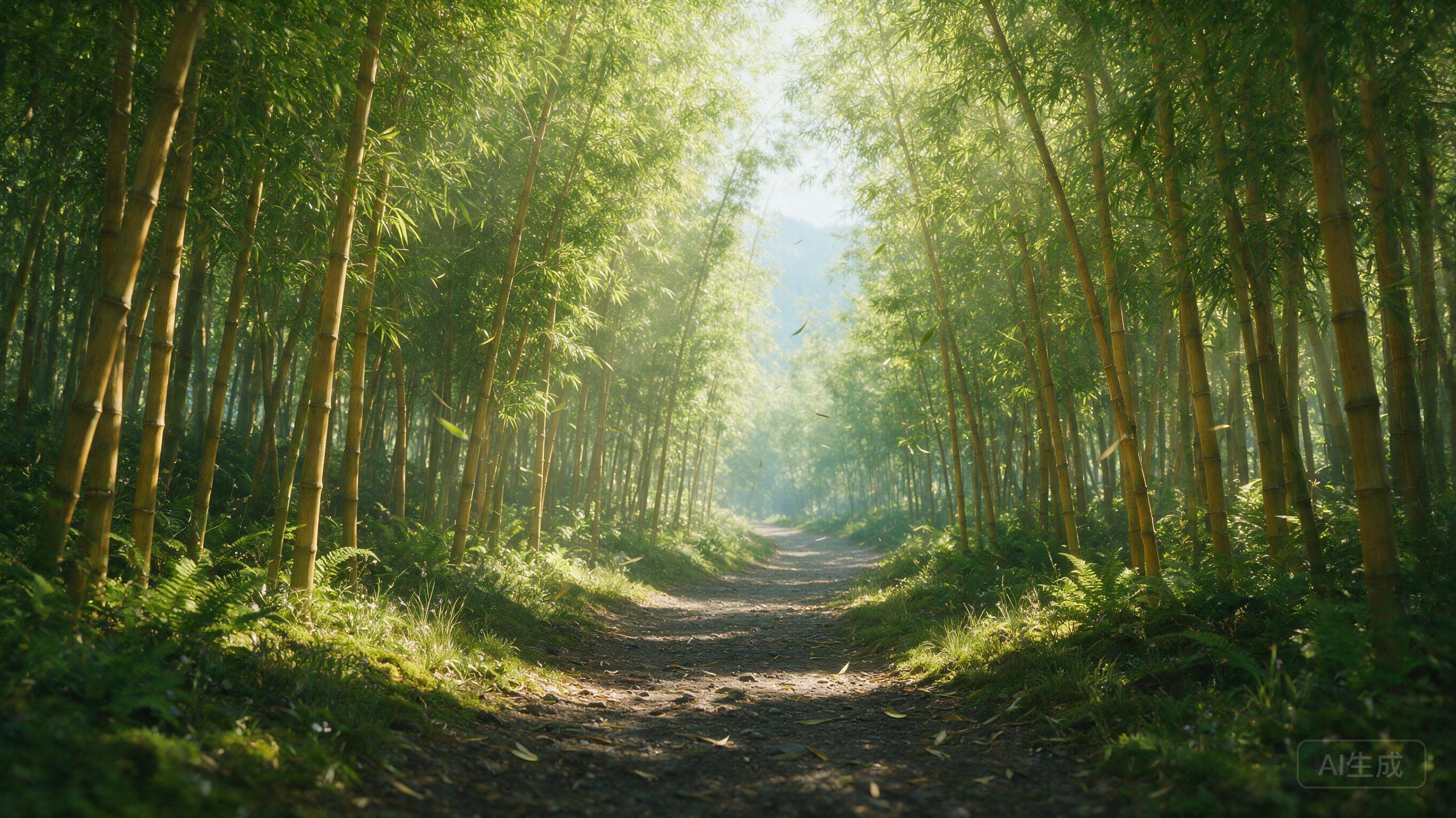 A serene bamboo forest path, sunlight filtering through the canopy, gentle breeze rustling the leaves, peaceful natural scene