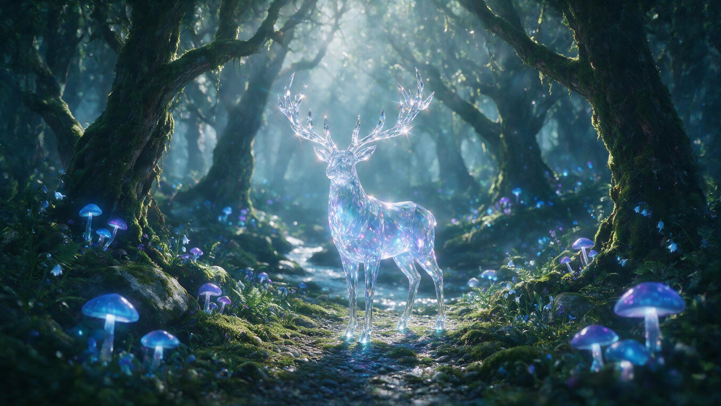 A glowing crystal deer stands in a misty enchanted forest, blue and purple bioluminescent mushrooms around, soft moonlight filtering through ancient trees, slight lens flare, ethereal atmosphere, cinematic composition