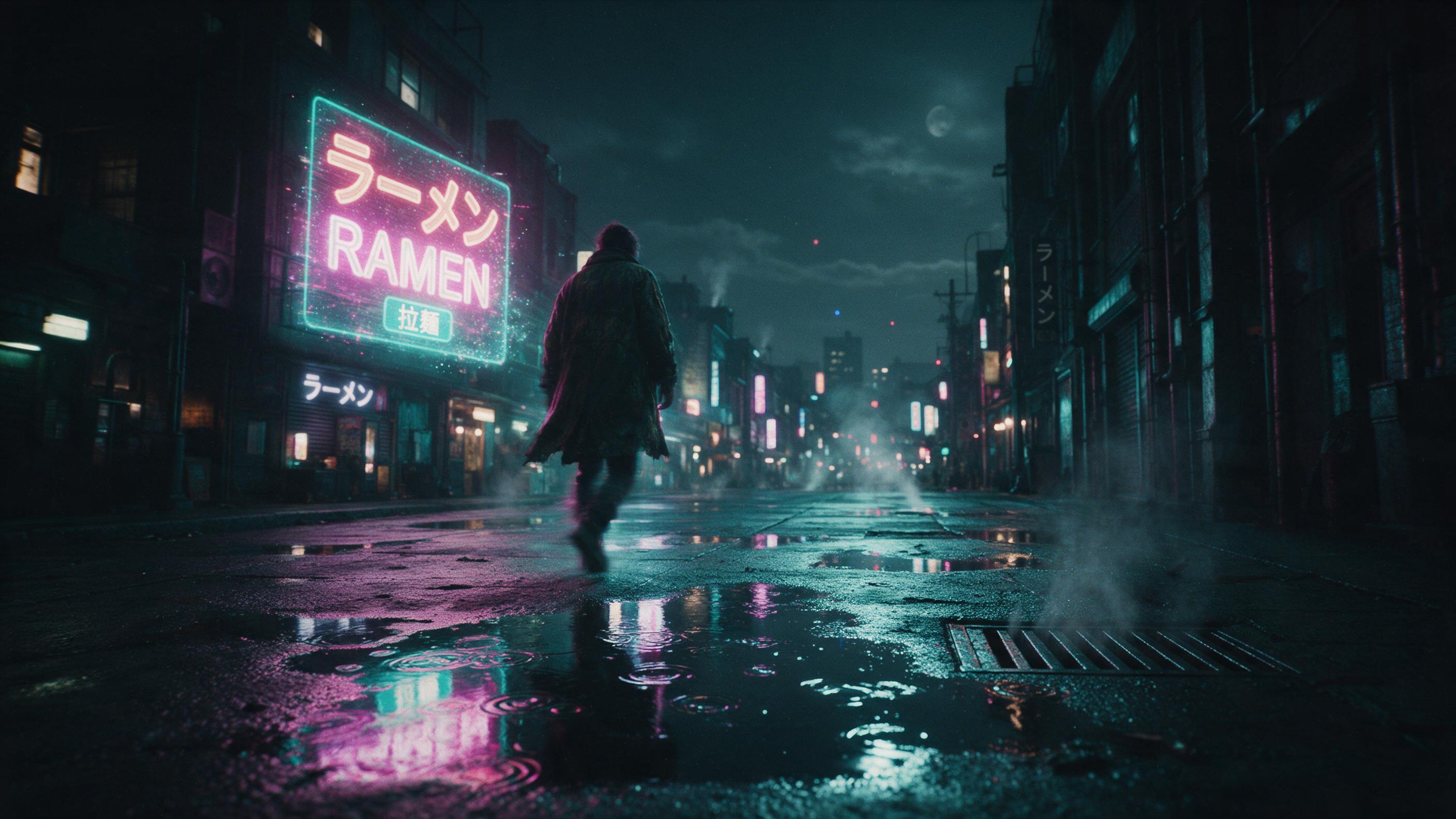 A rain-slicked neon alley in a cyberpunk city at night, holographic ramen signs reflecting in puddles, steam rising from vents, a lone figure in a worn jacket walking away, motion blur, cinematic wide shot, teal and magenta rim lighting, slight grain.