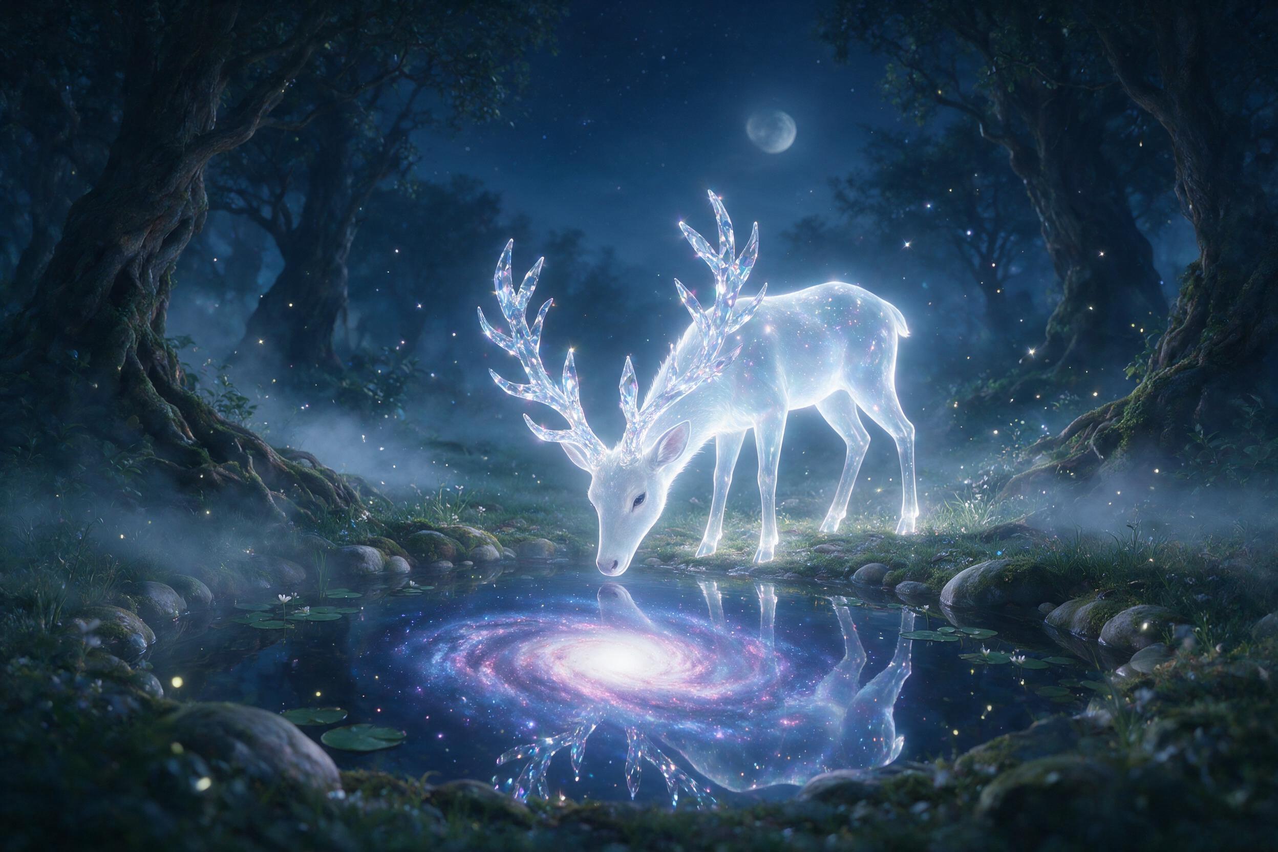 A misty, moonlit forest clearing where a translucent, luminous deer with antlers made of glowing crystal stands beside a small pond reflecting a swirling galaxy, fireflies like tiny stars drift between ancient twisted trees, soft ethereal blue and violet light, gentle fog curling around mossy roots,