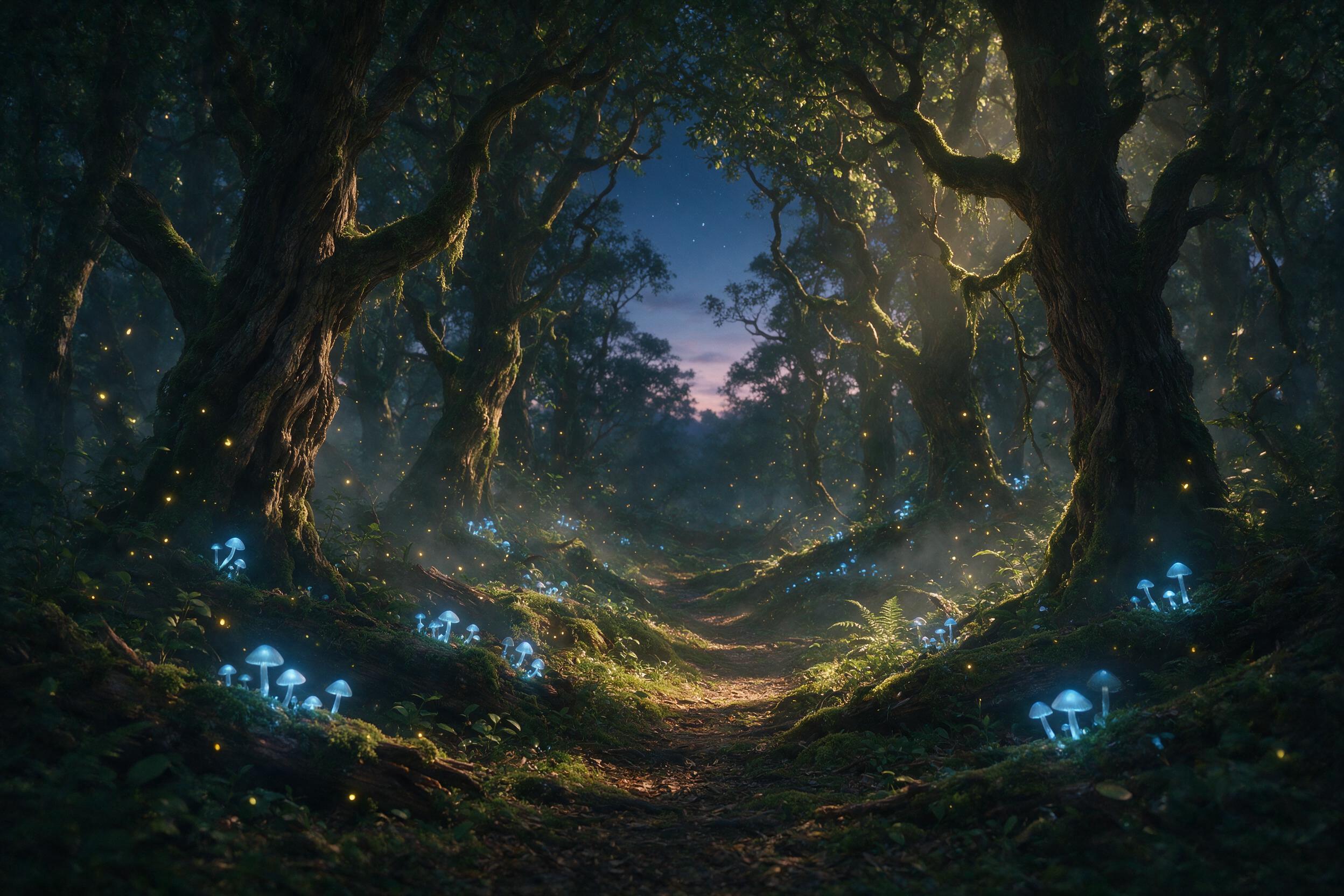 A mystical forest at twilight, with glowing blue mushrooms and fireflies illuminating a winding path, ethereal mist, ancient gnarled trees draped in moss, soft golden light filtering through leaves, subtle fog, cinematic composition, atmospheric haze