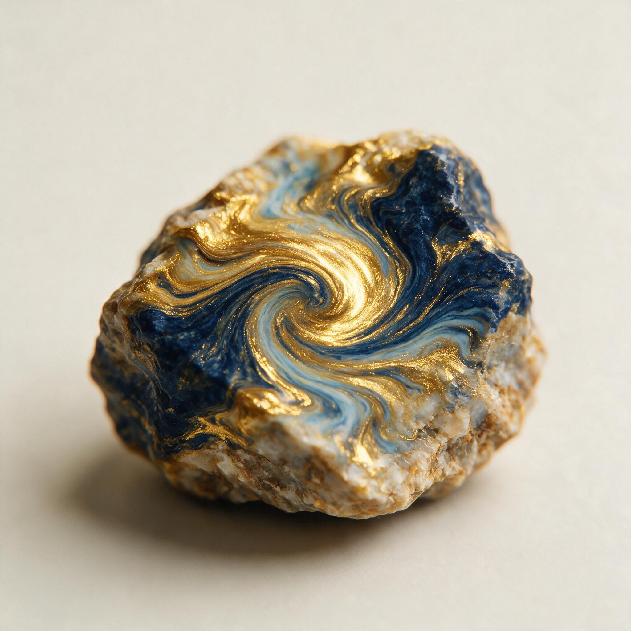 A swirling vortex of molten gold and deep indigo, fluid art merging with rough stone texture, soft diffused light from above, slight camera blur at edges, minimal composition with negative space, no sharp lines or hard edges.
