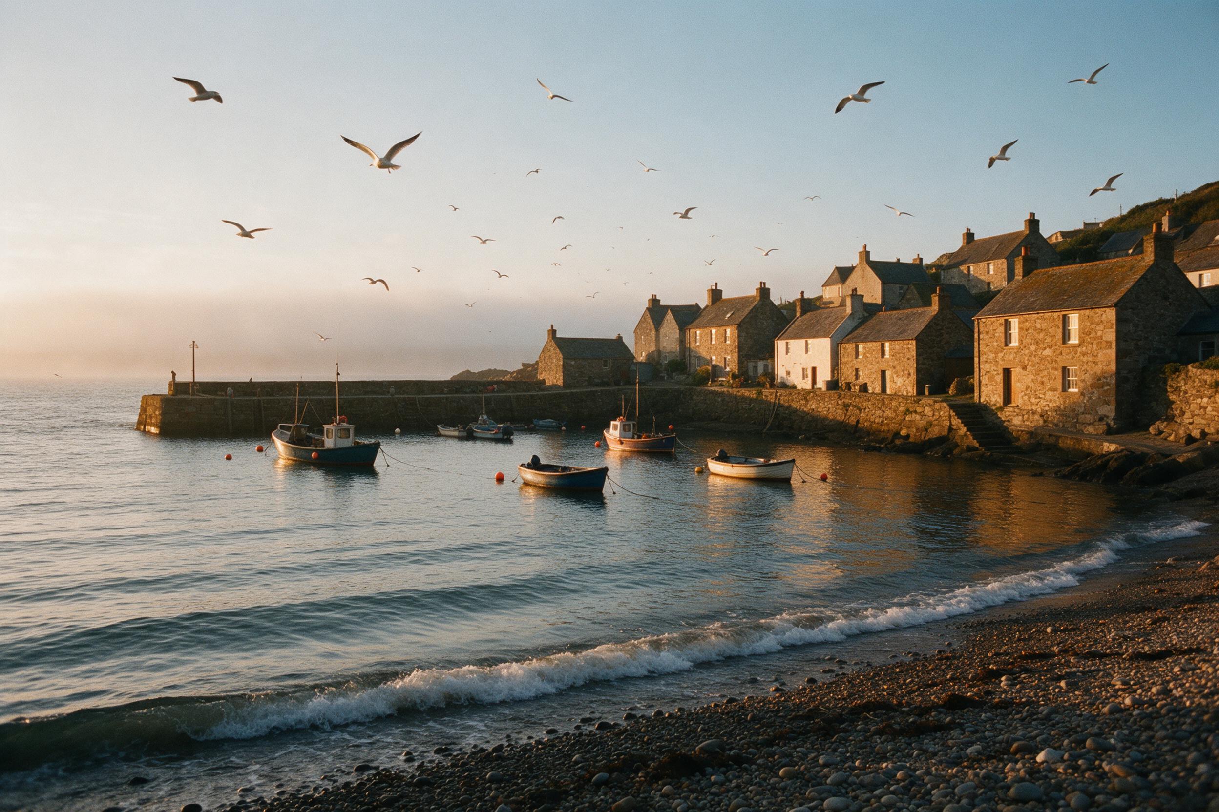 Golden hour over a quiet coastal village, small fishing boats bobbing in a sheltered harbor, warm amber light casting long shadows on weathered stone cottages, seagulls circling, gentle waves lapping at a pebble beach, soft haze on the horizon, shot on 35mm film with natural color grading, slightly 