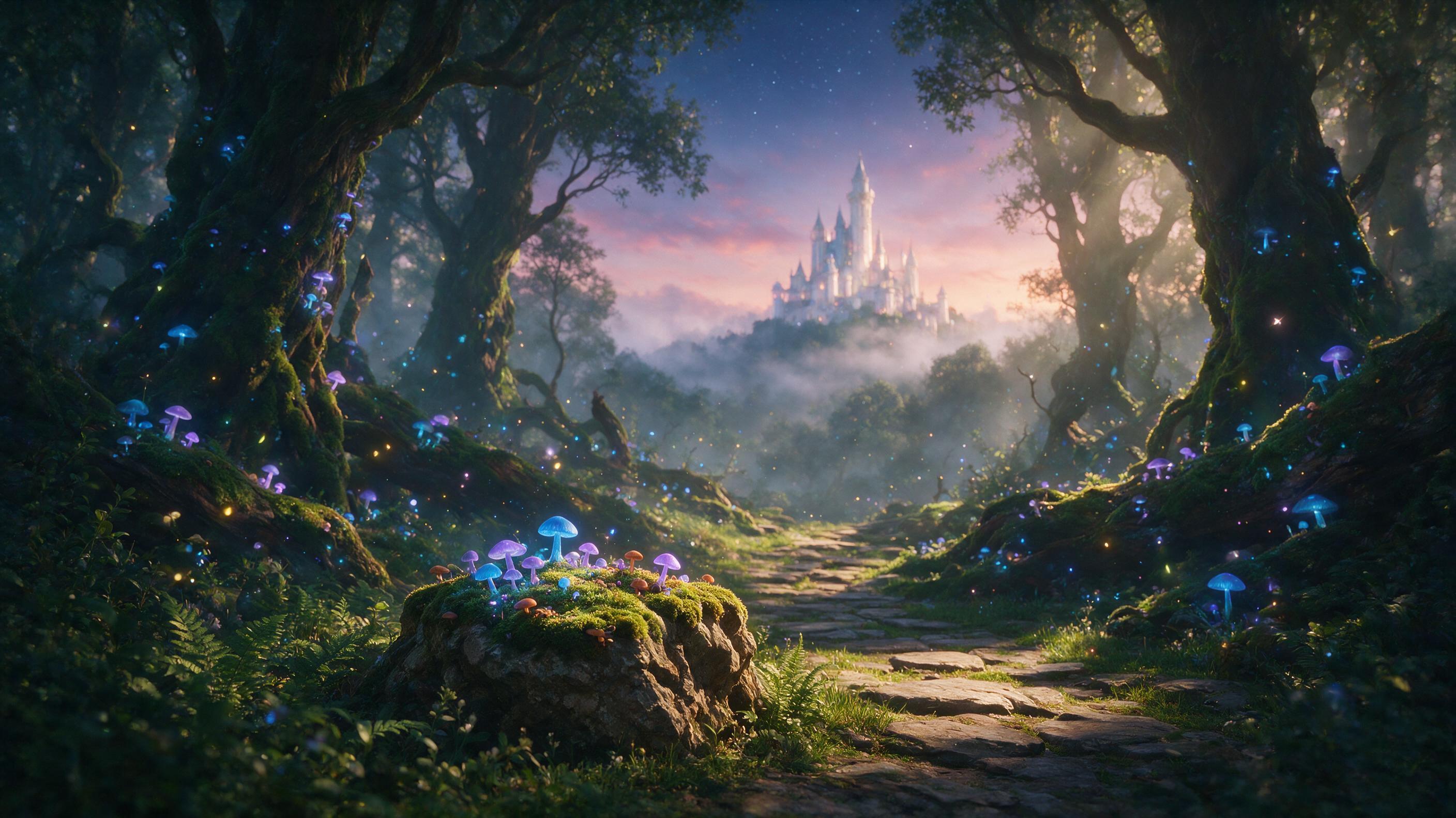A misty bioluminescent forest at dusk, ancient twisted trees with glowing blue and violet mushrooms, a winding stone path leading to a distant ethereal castle, fireflies drifting through the air, soft volumetric light rays piercing the canopy, shallow depth of field focusing on a mossy rock in the f