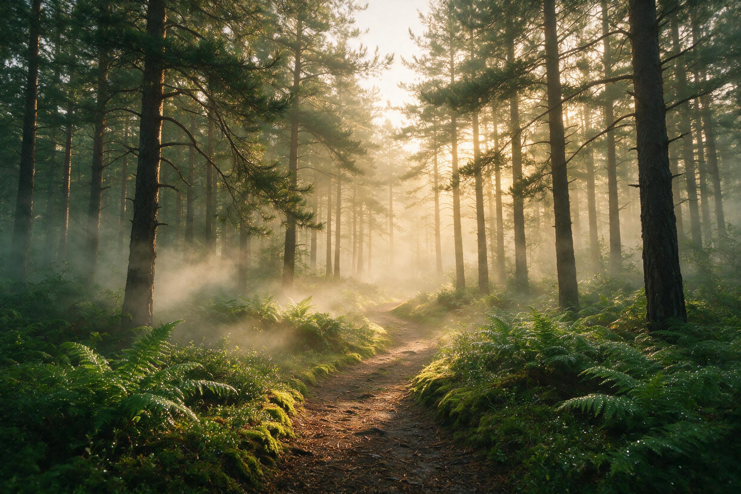 A misty pine forest at dawn, golden light filtering through tall trees, soft fog curling between trunks, a narrow dirt path leading into the distance, dew on ferns, muted greens and warm amber tones, peaceful atmosphere, wide-angle composition.