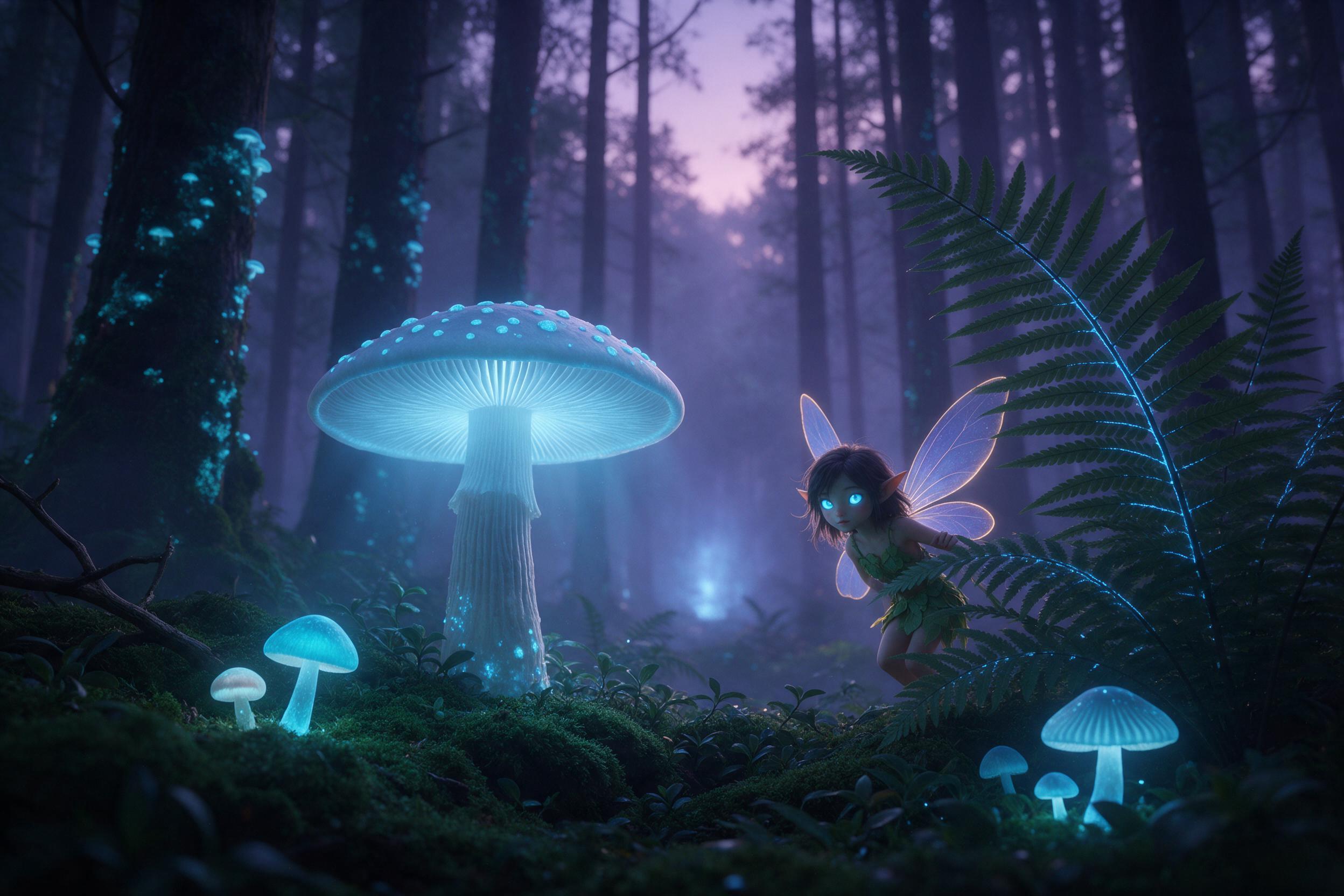 A bioluminescent forest at twilight, giant glowing mushrooms casting soft blue light on mossy ground, a tiny winged humanoid figure peeking from behind a fern, misty air, deep emerald and violet tones, gentle backlighting, dreamy atmosphere, cinematic composition