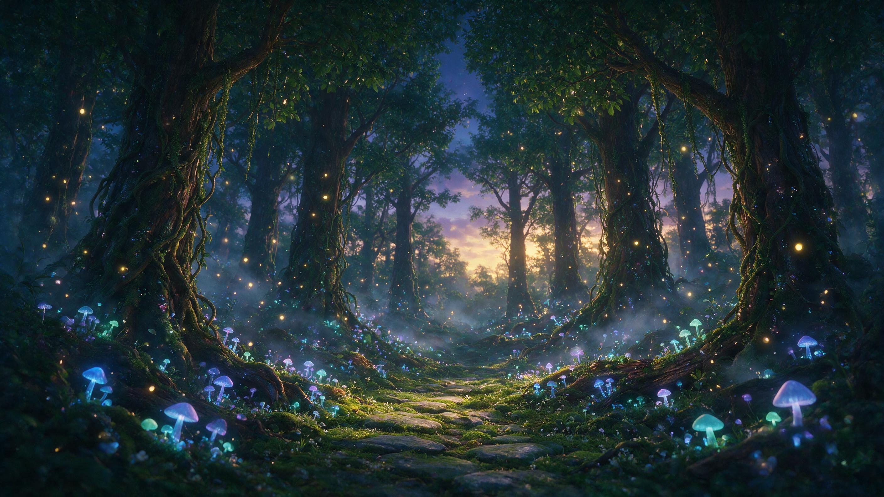 An enchanted forest at twilight, glowing bioluminescent mushrooms and floating orbs of light, a winding path of moss-covered stones, ethereal mist between ancient towering trees, soft golden light filtering through emerald canopy, deep shadows and mysterious atmosphere, painterly style with rich col