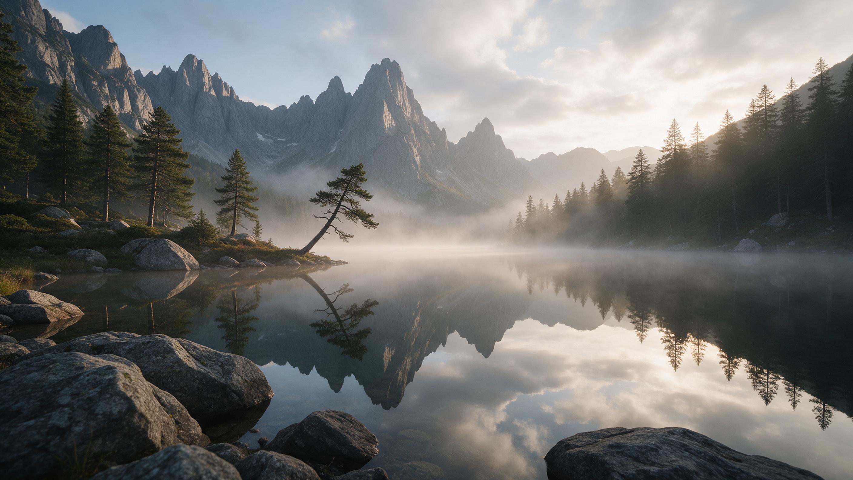 A misty alpine lake at dawn, mirror-still water reflecting jagged granite peaks, soft golden light breaking through thin clouds, a lone pine leaning over the shore, subtle morning fog curling between trees, wide-angle composition with foreground rocks, natural color palette, gentle atmospheric persp