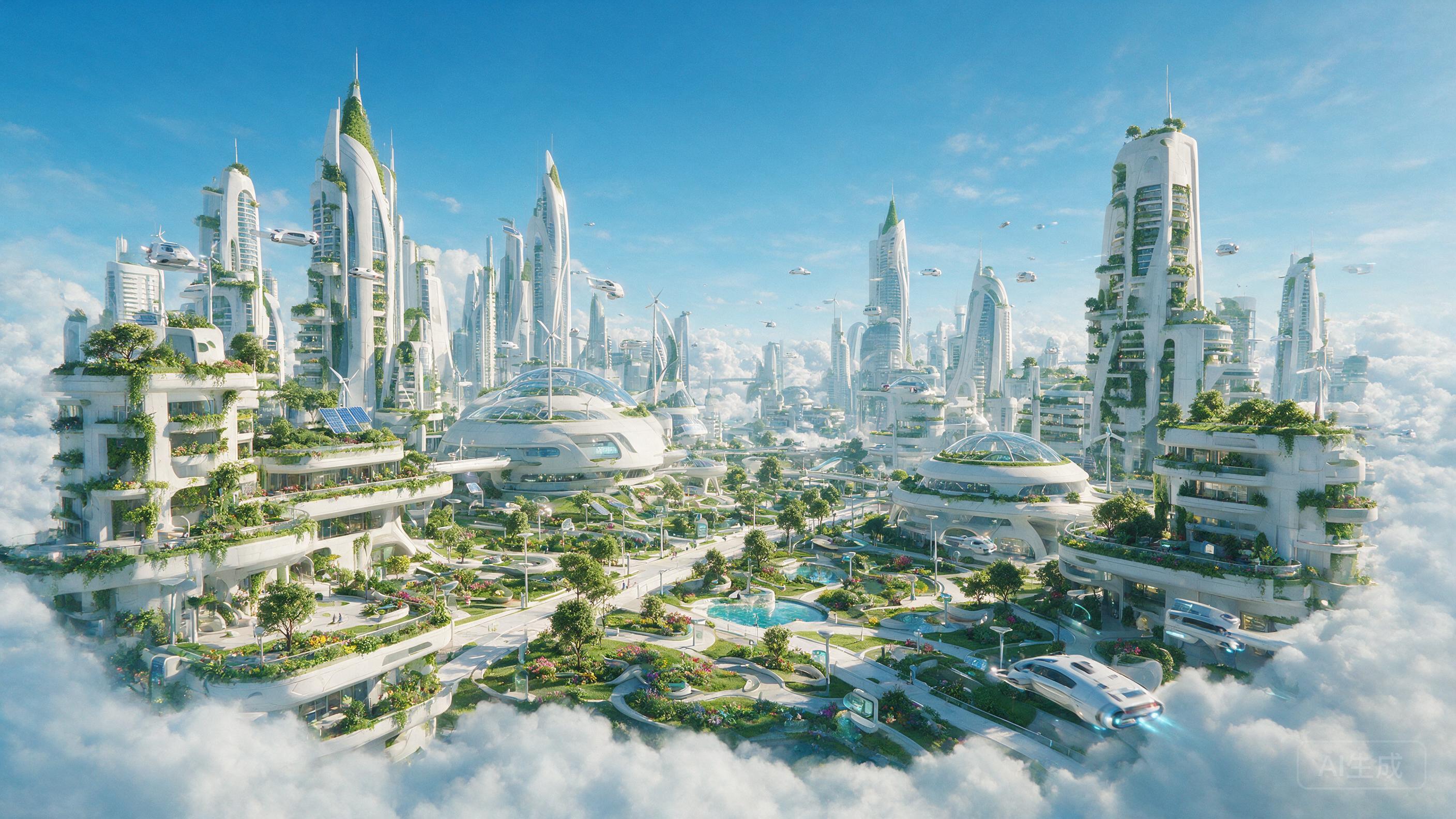 High-tech sustainable city floating on clouds, white and green architecture, flying vehicles, clean futuristic design