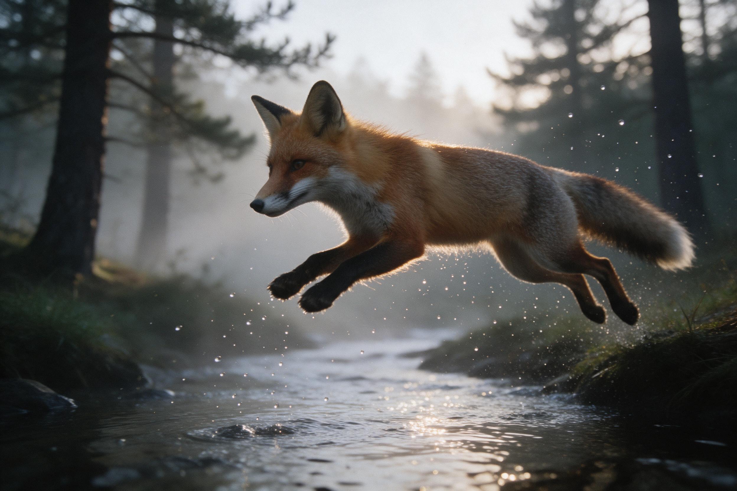 A red fox mid-leap over a misty forest stream at dawn, fur catching golden light, water droplets suspended in the air, soft background blur with silhouetted pines, natural muted color palette, shot on 35mm film with slight grain