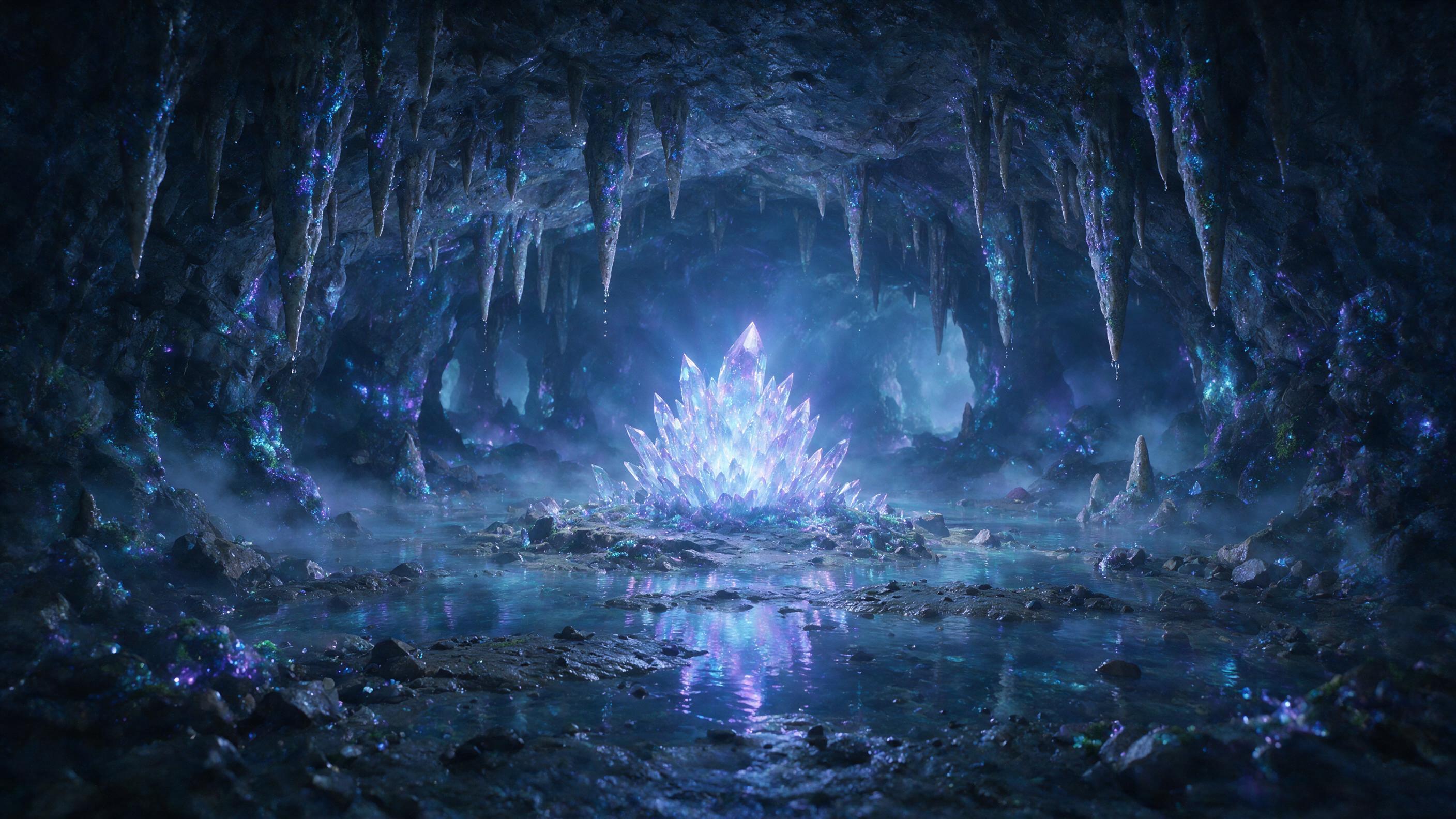 A luminous crystal cave deep underground, bioluminescent moss glowing in soft blue and violet hues, stalactites dripping with clear water, shallow pools reflecting the ethereal light, damp rock textures, mist floating low, cinematic composition with a central focal point of a glowing crystal cluster