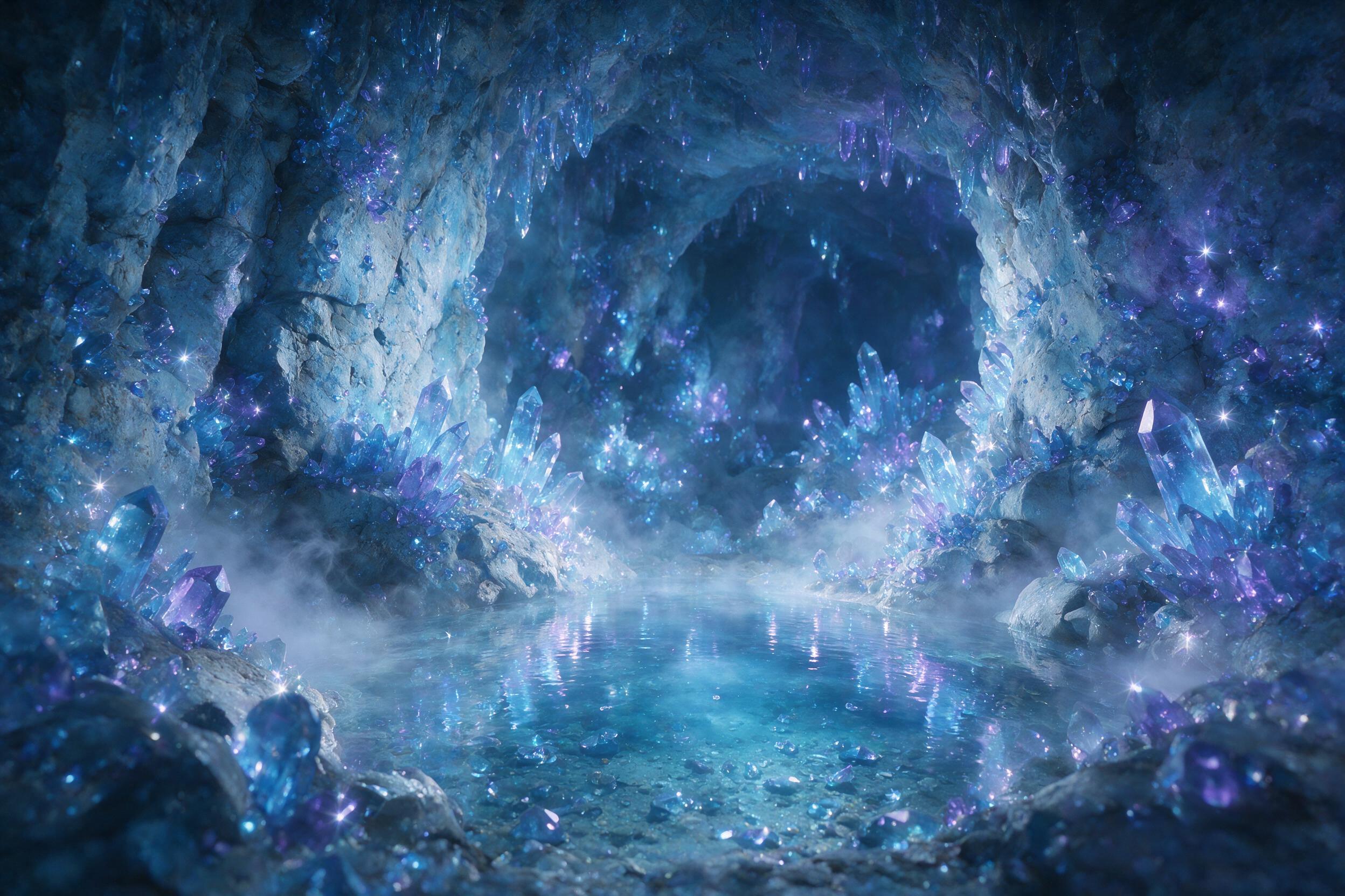 A luminous crystal cave deep underground, glowing blue and purple crystals sprouting from rough stone walls, a small pool of clear water reflecting the light, mist swirling gently, soft cool tones, ethereal atmosphere, wide-angle composition.