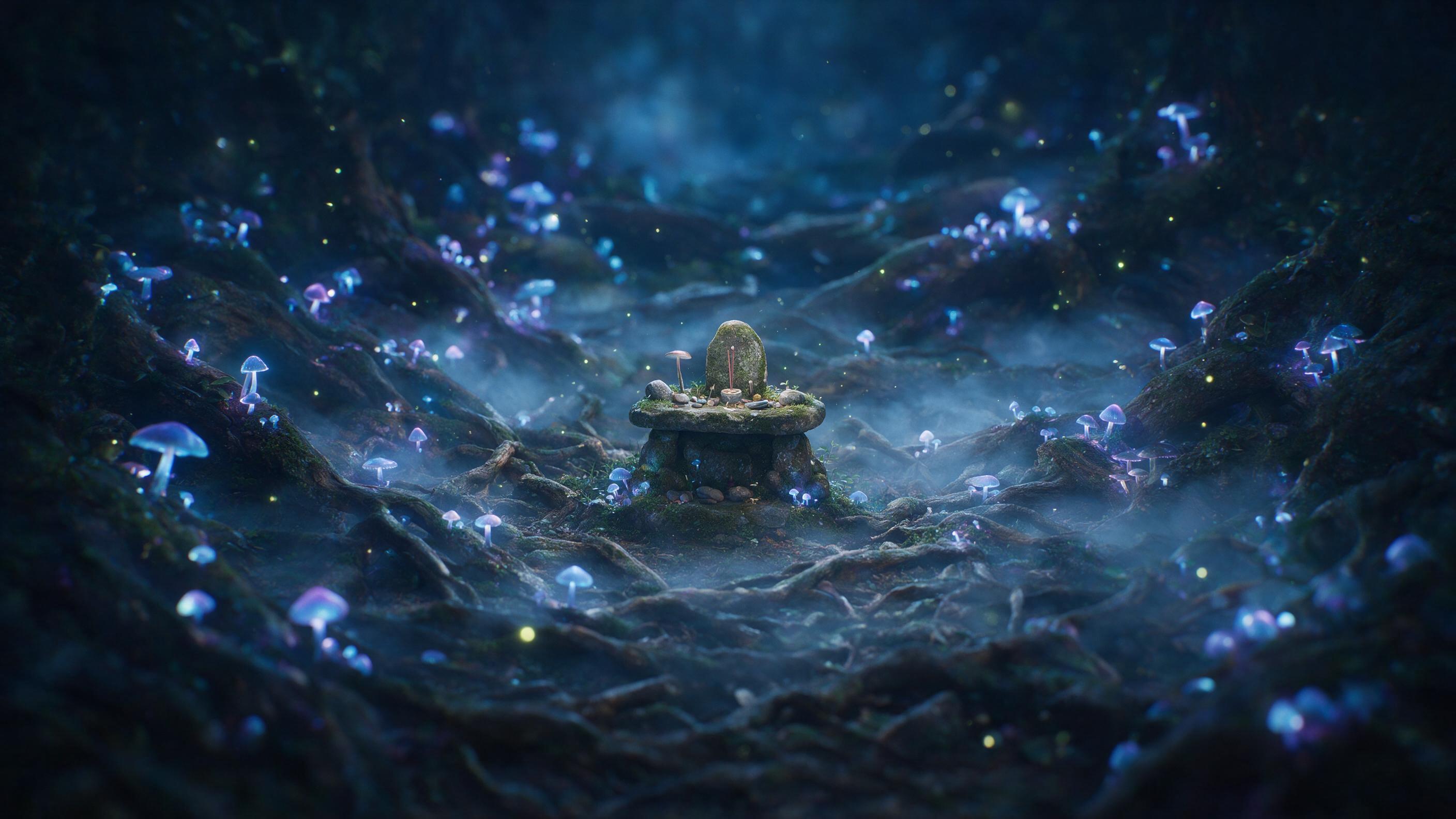 A serene moonlit forest clearing with ancient glowing mushrooms, soft blue and purple bioluminescent light, gentle mist swirling between gnarled roots, a small mossy stone altar at center, dreamy atmosphere with fireflies, shallow depth of field, cinematic composition