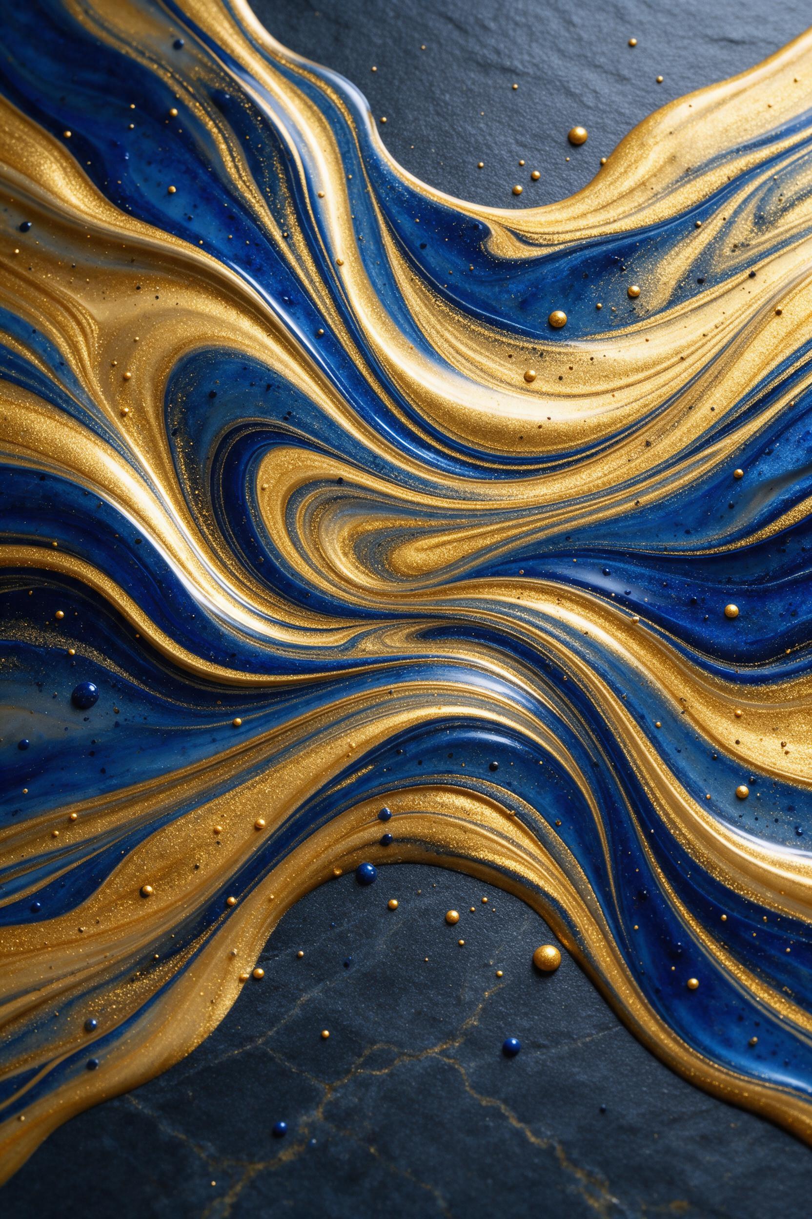 A fluid art piece with swirling ribbons of molten gold and deep sapphire blue, flowing over a dark slate surface, illuminated by a soft overhead spotlight that casts subtle reflections in the glossy texture, composition centered with dynamic diagonal movements, smooth gradients and sharp color contr