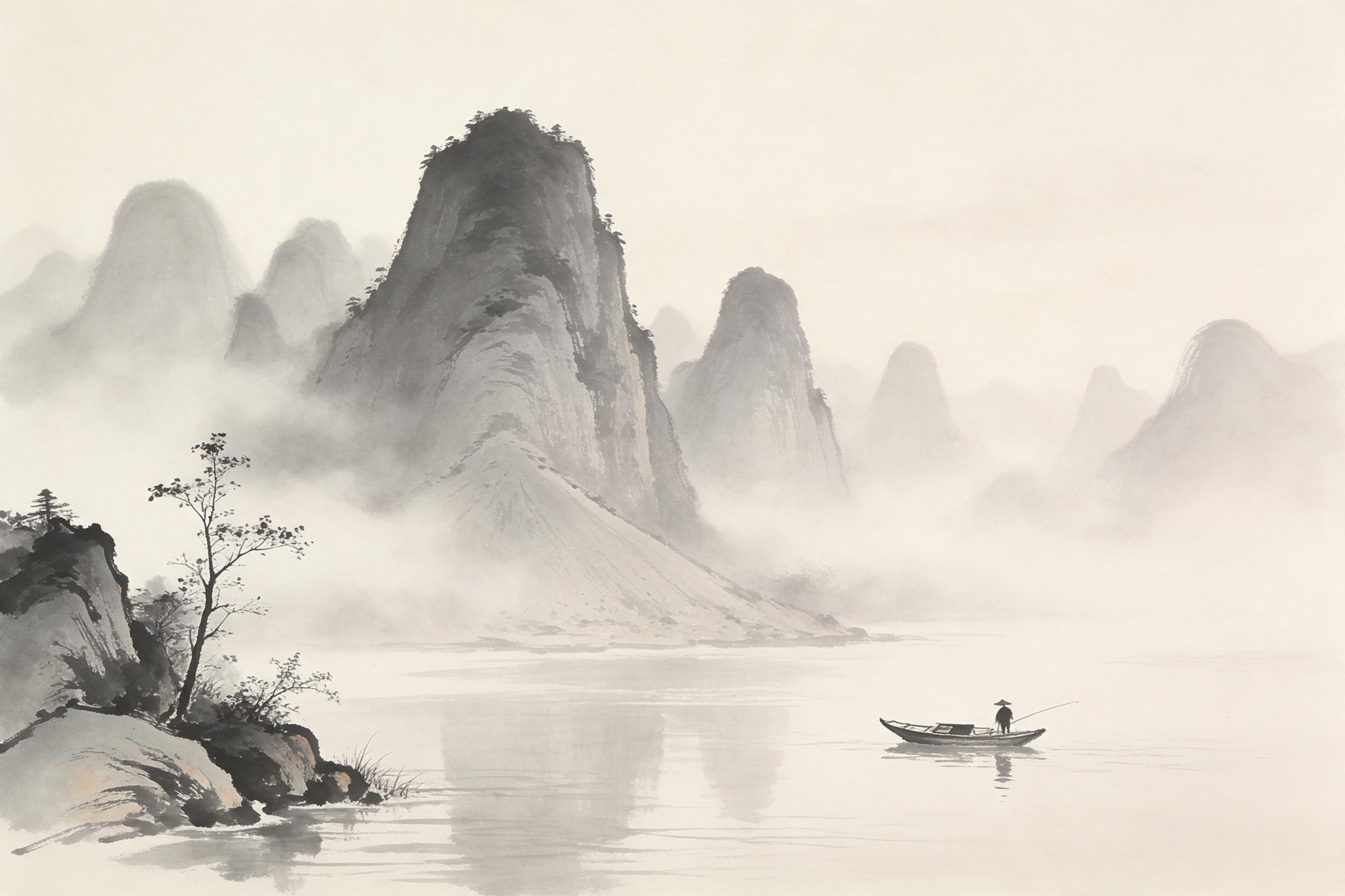 A Chinese ink wash painting of misty karst mountains rising from a calm river, a lone fisherman in a narrow boat, soft brush strokes, pale gray and black tones, minimal color, negative space, early morning light, gentle reflections on water, no text.