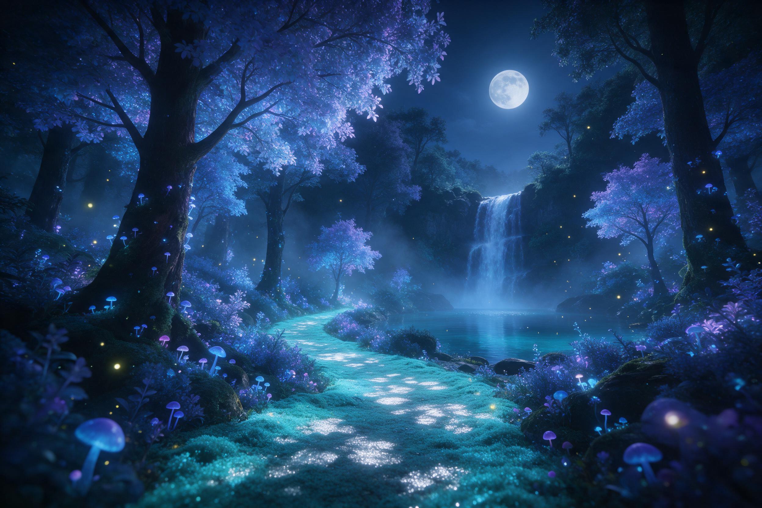 A moonlit enchanted forest with towering bioluminescent trees, their leaves glowing soft blue and purple, a narrow winding path covered in glowing moss, fireflies floating in the misty air, a distant waterfall cascading into a crystal pool, moonlight filtering through canopy creating dappled light, 