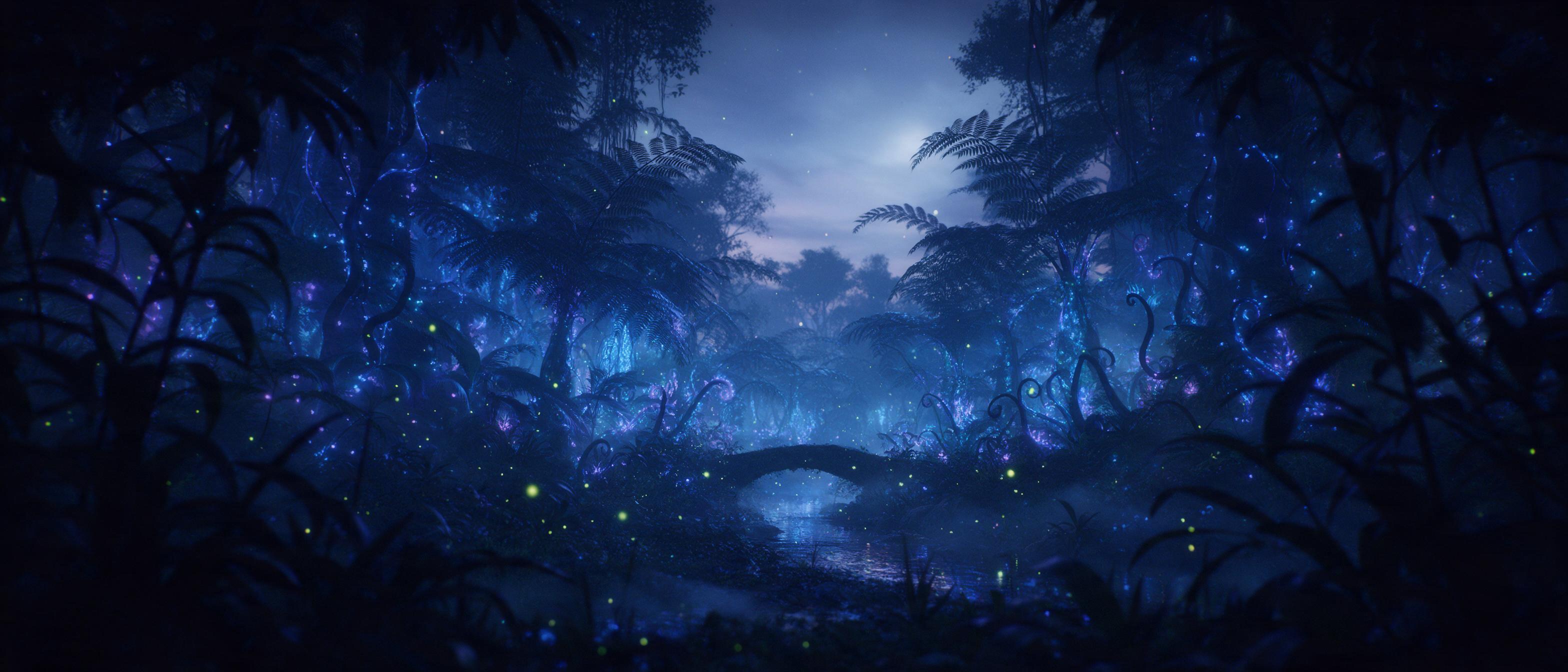 A glowing bioluminescent forest at twilight, giant ferns and twisting vines emit soft blue and violet light, a small stone bridge over a reflective stream, fireflies drift in the air, mist clings to the ground, cinematic composition with foreground silhouettes and a hazy moonlit sky, ethereal atmosp