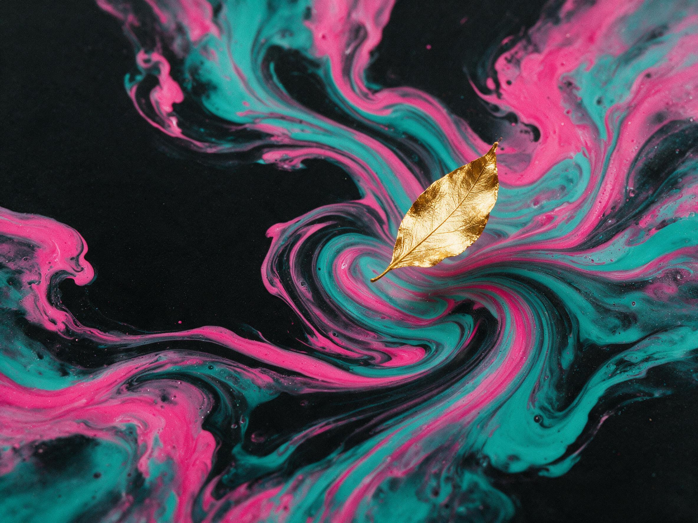 Fluid art of swirling magenta and teal acrylics on a black canvas, a single golden leaf suspended mid-air, soft diffused studio light, slight grain texture, clean composition with negative space left of center