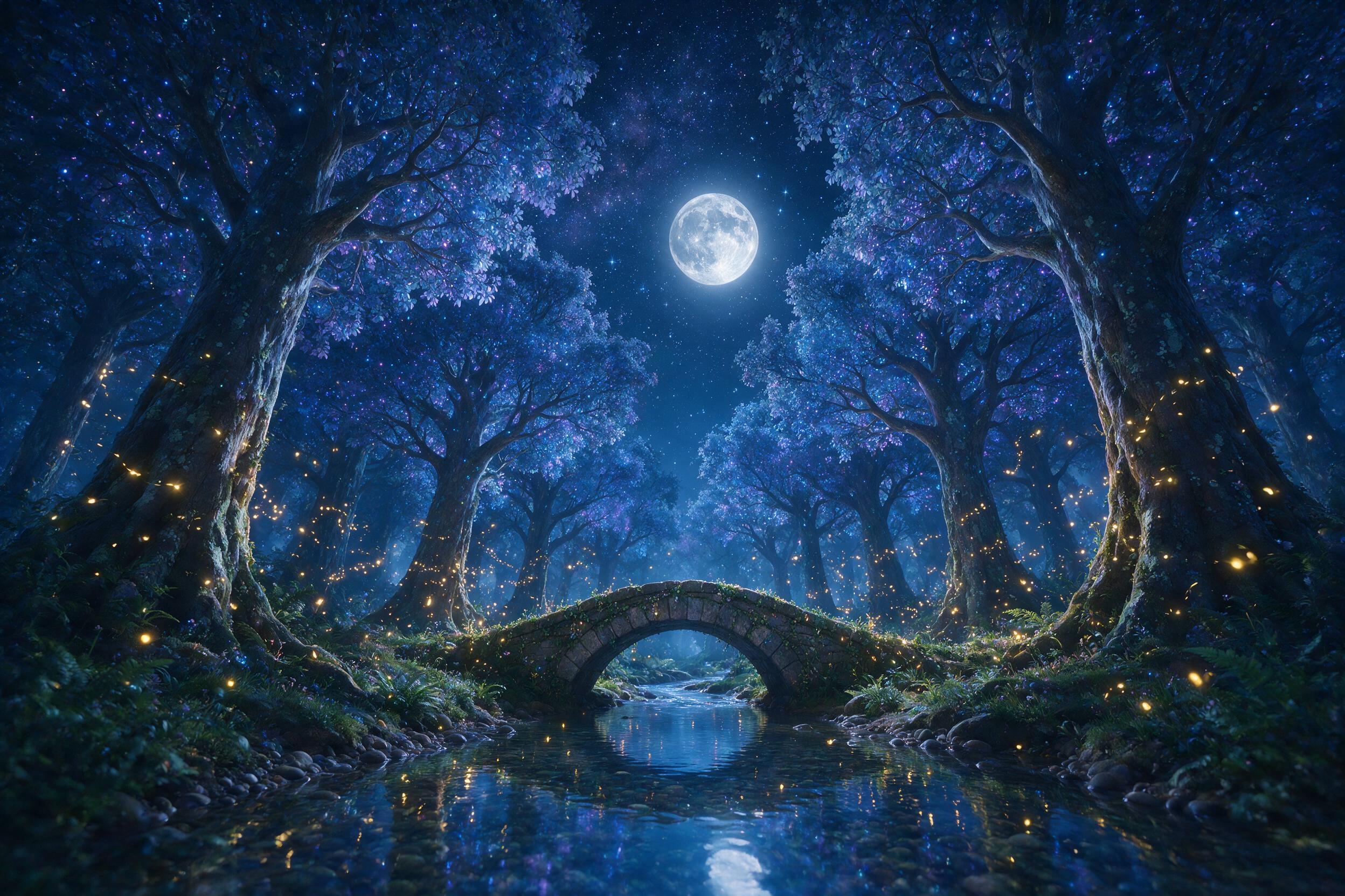 A moonlit enchanted forest with towering bioluminescent trees, their leaves glowing soft blue and violet. A small stone bridge arches over a crystal-clear stream reflecting the starry sky. Fireflies drift in gentle spirals, casting warm golden light. Composition: low angle, emphasizing tree height a