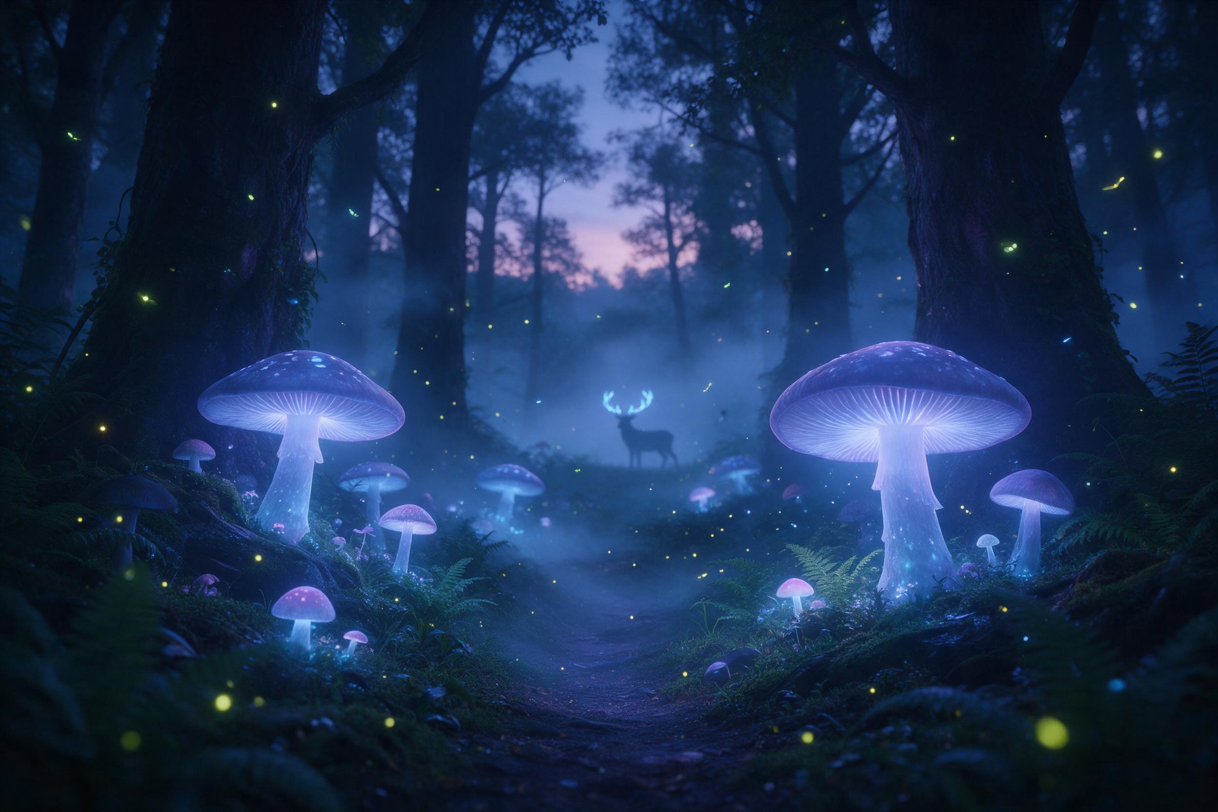 A bioluminescent forest at twilight, massive glowing mushrooms casting soft blue-violet light on a winding path, ethereal mist weaving between ancient trees, fireflies drifting in the air, a distant silhouette of a stag with glowing antlers, lush ferns and moss, dreamy atmosphere, soft focus on the 