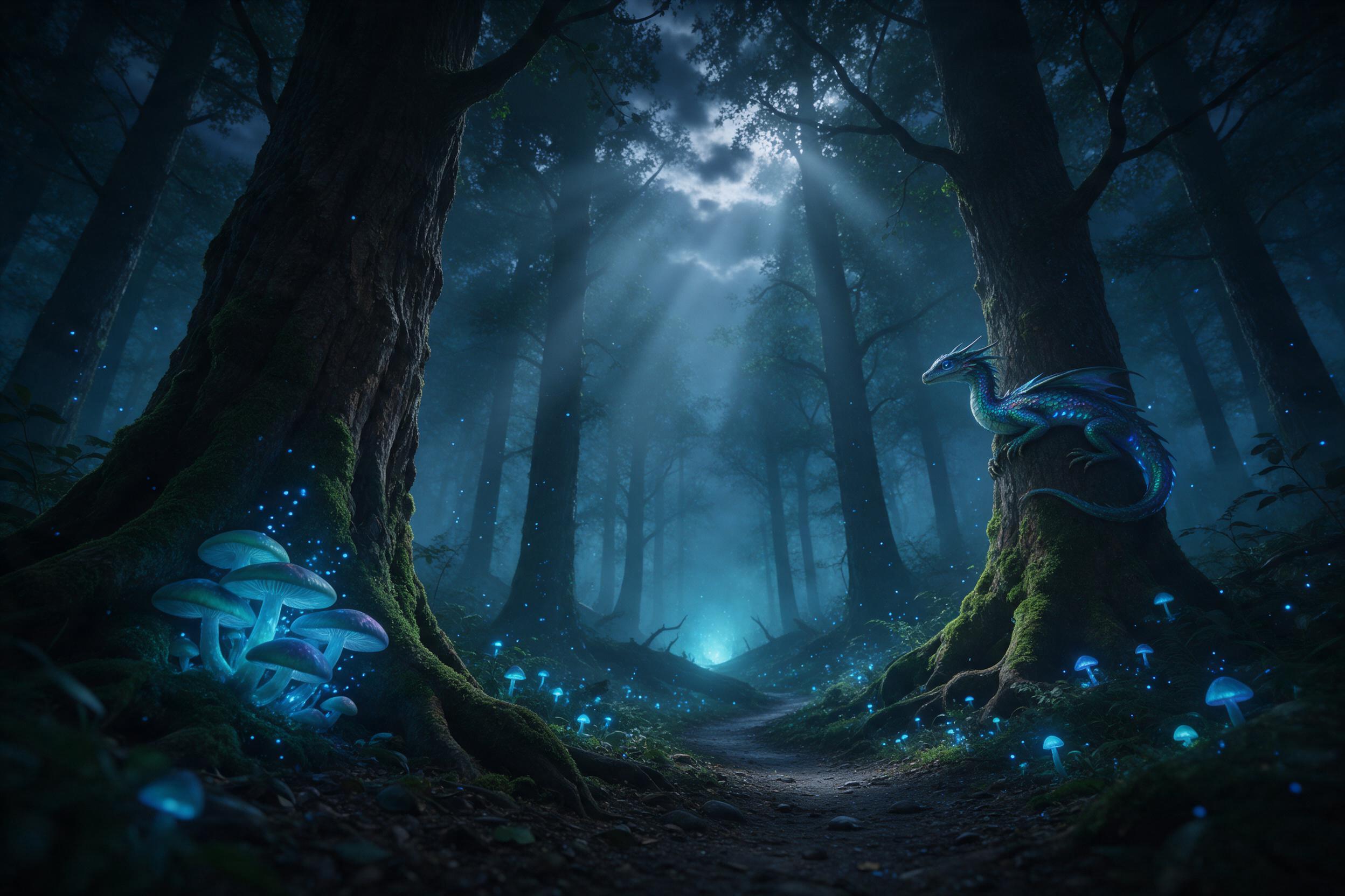 A misty emerald forest at twilight, bioluminescent mushrooms and floating blue spores illuminate a narrow winding path, a small dragon with iridescent scales curls around an ancient mossy oak, soft volumetric god rays break through the fog, low-angle composition emphasizing the towering trees, ether