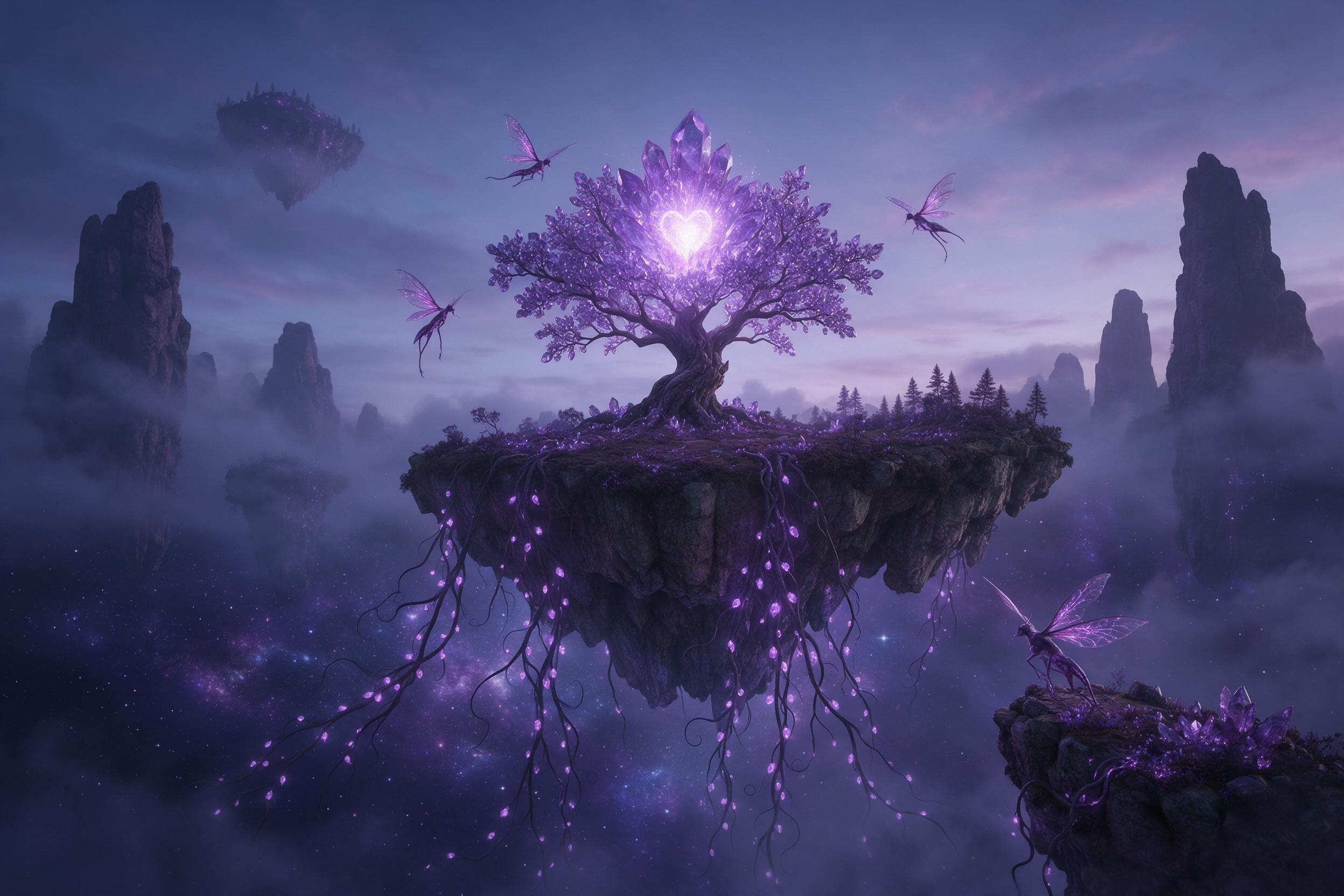 A bioluminescent floating island at twilight, glowing purple vines cascade into a starry abyss, small winged creatures with translucent wings orbit a crystal tree, soft mist, cinematic rim lighting, deep shadows, ethereal atmosphere, slight vignette.