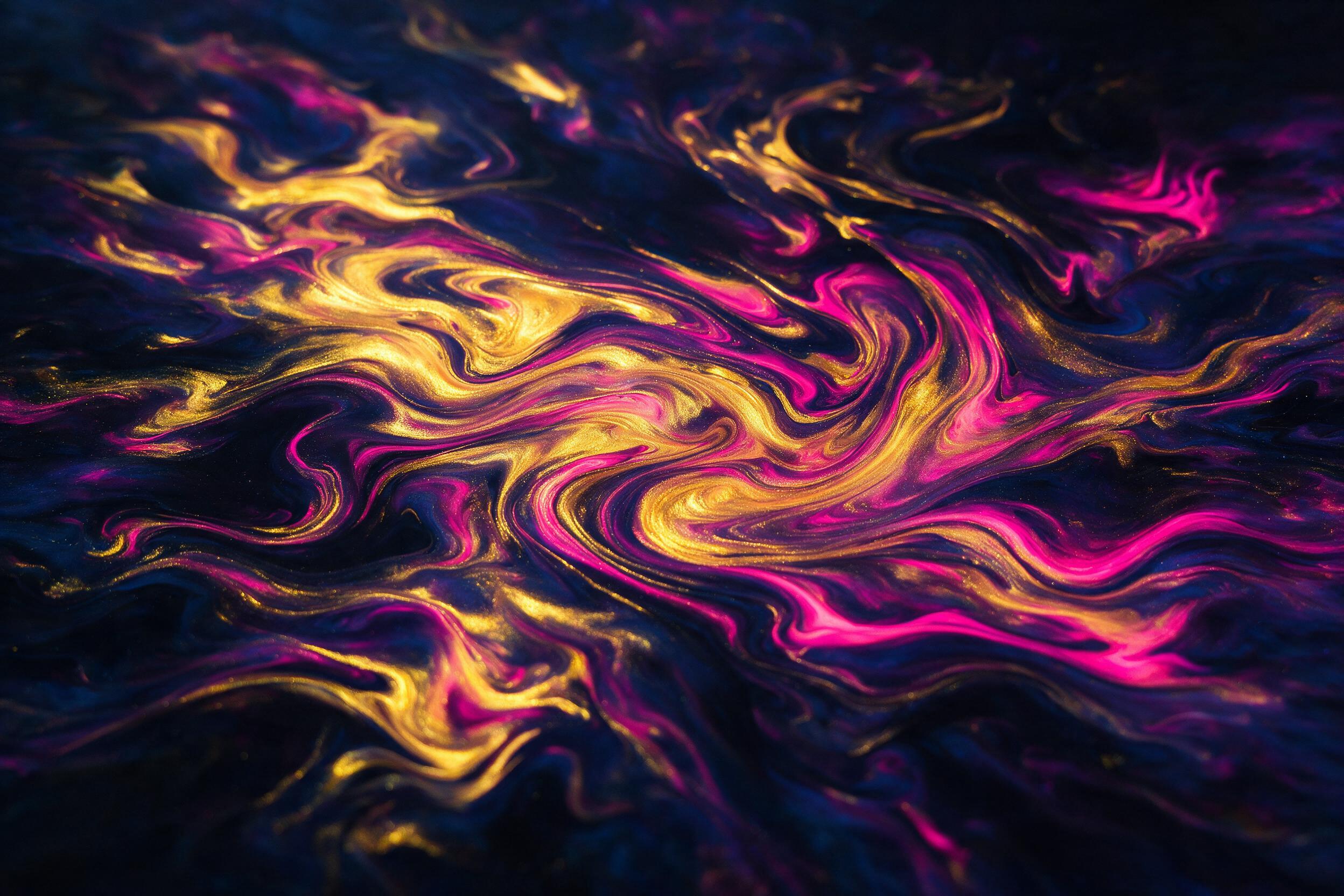 Fluid art of swirling neon colors on a dark canvas, dynamic gold and magenta waves interweaving, soft reflections on a glossy surface, minimalistic composition with central focus, slight camera blur