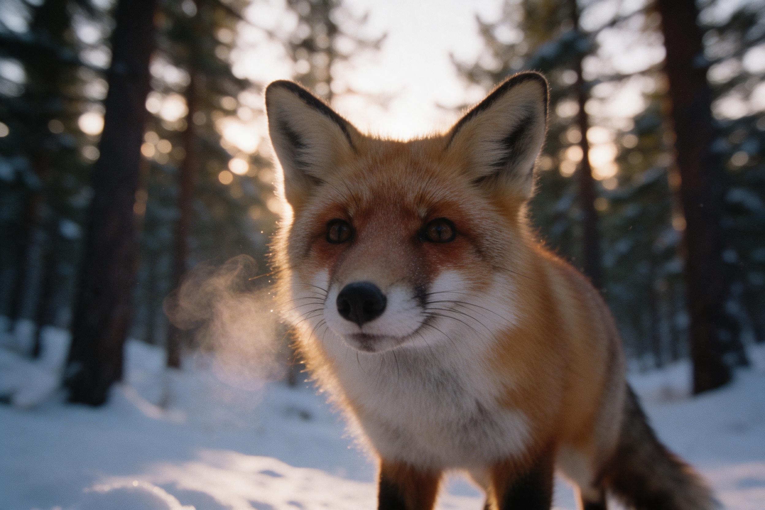 A close-up shot of a red fox in a snowy pine forest at dusk, its breath visible in the cold air, soft golden light filtering through trees, bokeh background, shallow depth of field, natural grain, slight camera shake, low-angle perspective