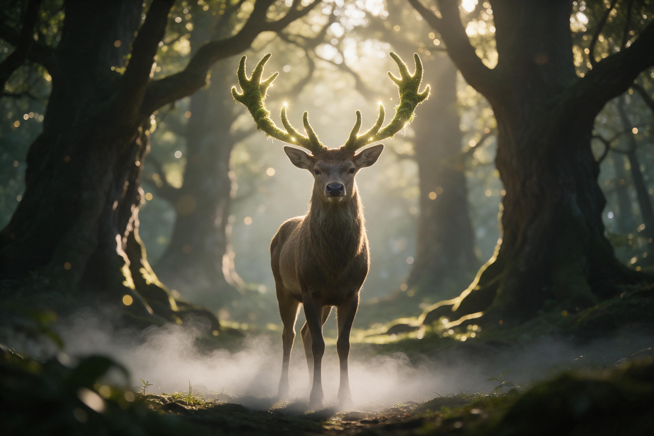 A sunlit ancient forest clearing where a gentle giant deer with glowing moss antlers stands, mist curling around its hooves, rays of golden light filtering through towering gnarled trees, soft bokeh, ethereal atmosphere, shallow depth of field.