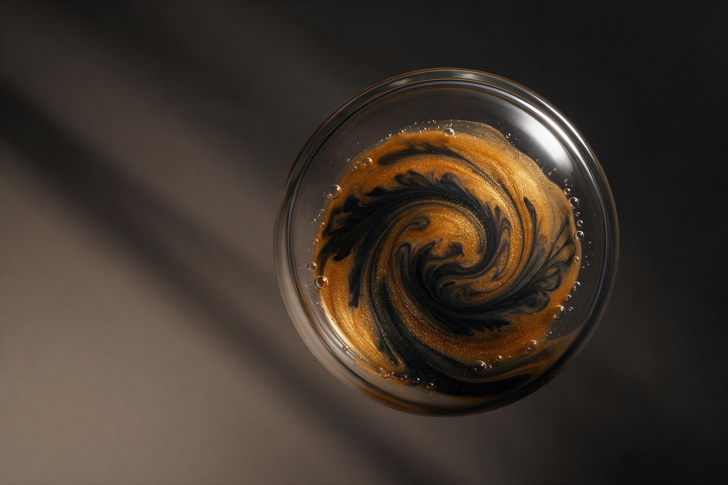 Close-up of liquid gold and black ink swirling in a glass vessel, with delicate bubbles and a soft, directional light casting long shadows, the composition centered with negative space around it, rendered in a minimalist fine-art style with smooth gradients and subtle reflections, no text, no border