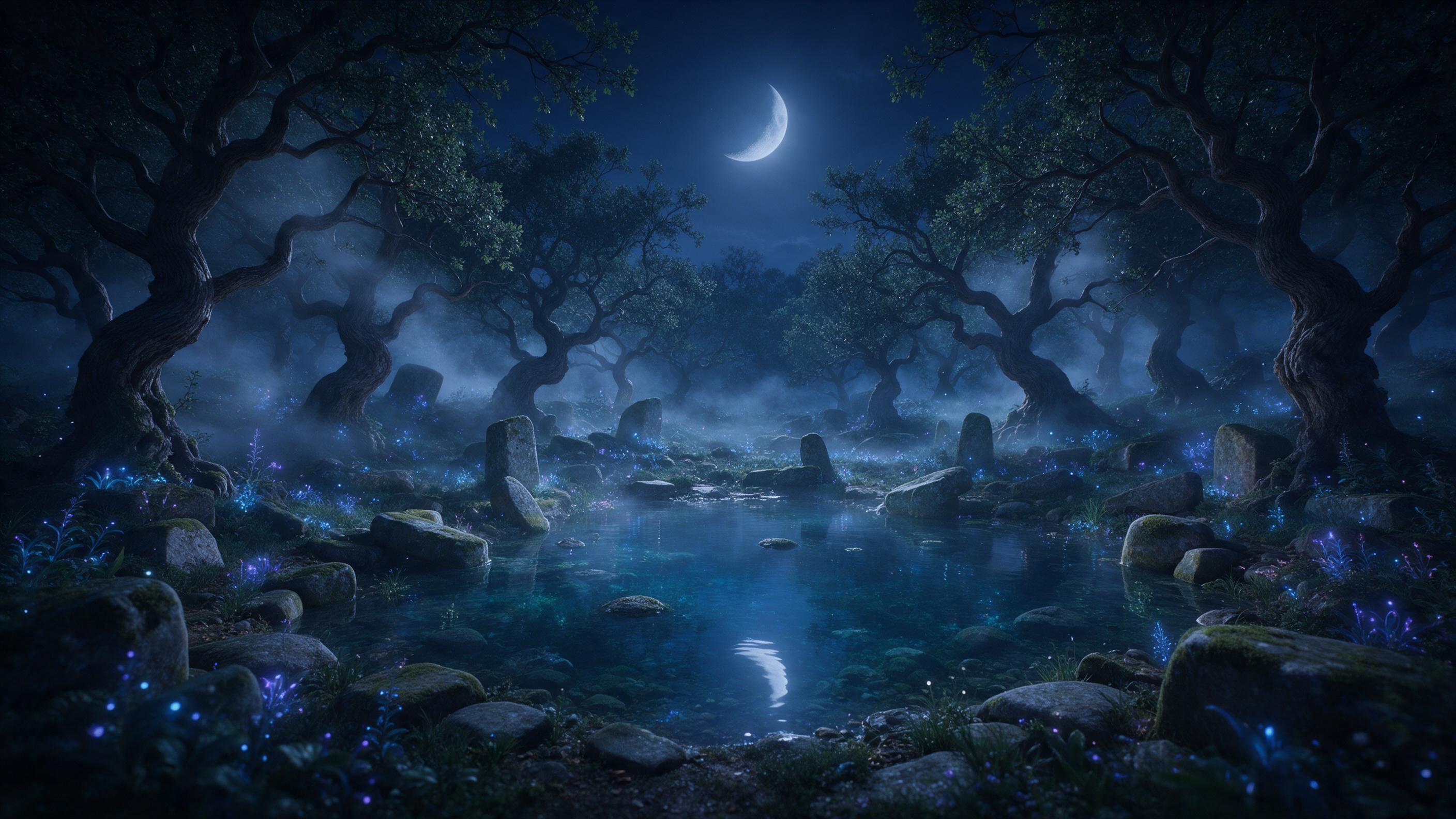 A moonlit forest glade with bioluminescent flora, a crystal-clear pond reflecting a crescent moon, ancient mossy stones, ethereal mist between twisted oaks, soft blue and violet glow, intricate details, dreamy atmosphere