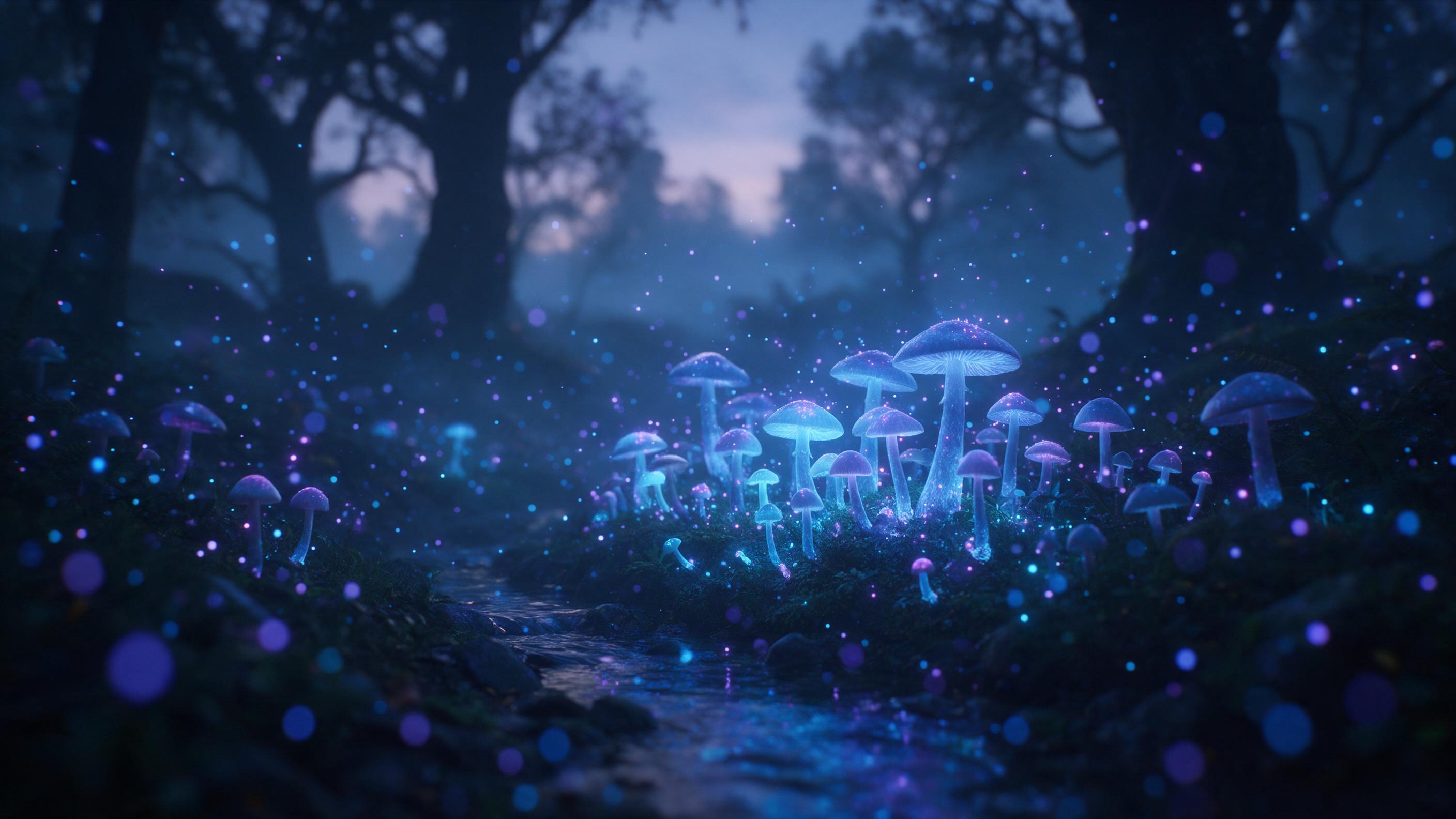 A bioluminescent mushroom grove in a misty twilight forest, glowing blue and purple spores drifting through the air, a small crystal-clear stream reflecting the eerie light, silhouettes of ancient trees, soft fog, dreamy atmosphere, shallow depth of field