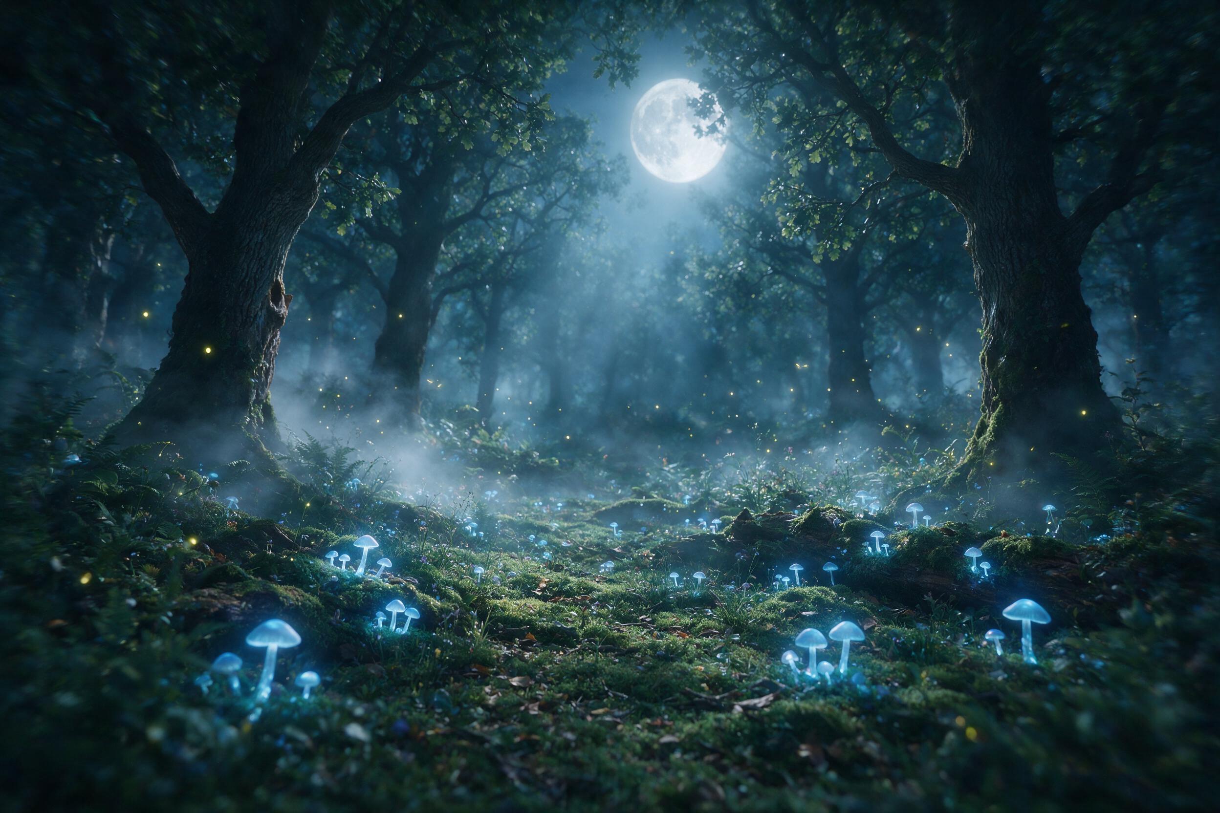 A moonlit forest clearing with glowing mushrooms casting soft blue light, a gentle mist swirling around ancient oak trees, fireflies floating in the air, shallow depth of field, ethereal atmosphere, slight camera movement blurring the edges.