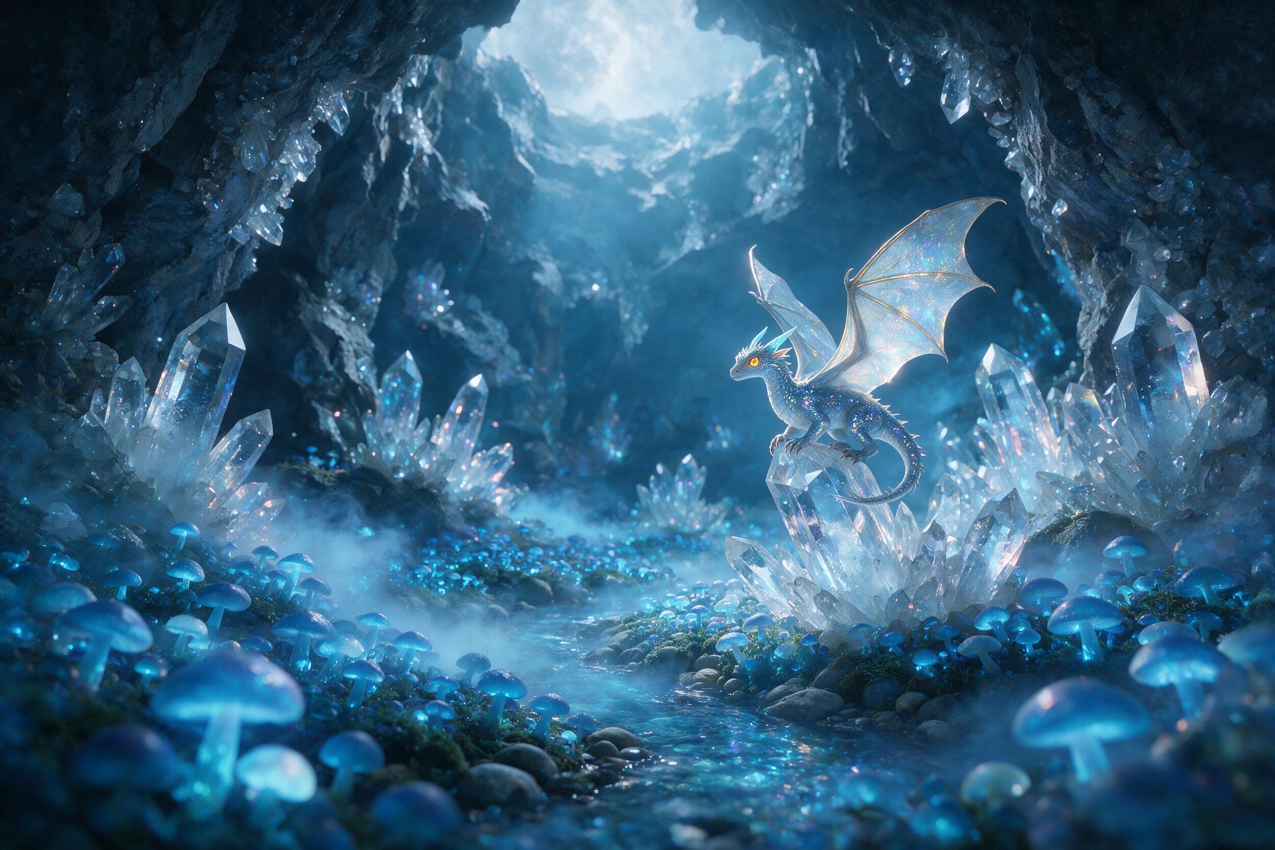 A moonlit crystal cavern, glowing blue mushrooms carpet the floor, a small dragon with translucent wings perched on a quartz pillar, soft bioluminescent mist swirling, wide-angle shot, shallow depth of field, cool color palette with warm highlights