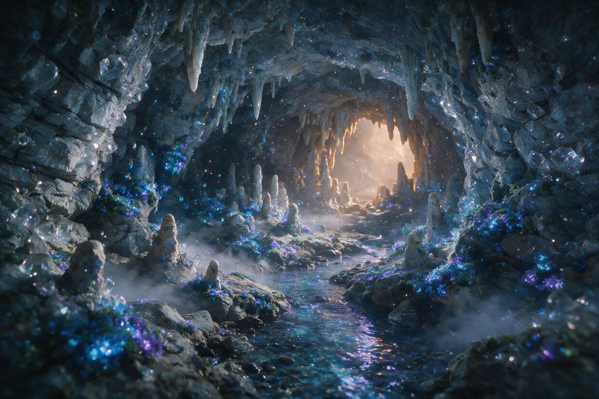 A glowing crystal cave deep underground, bioluminescent moss on jagged rocks, a small stream reflecting soft blue and purple light, floating dust particles, pale mist hugging the ground, warm amber glow from a distant opening, shot with a medium format lens, slight grain, natural magical atmosphere,