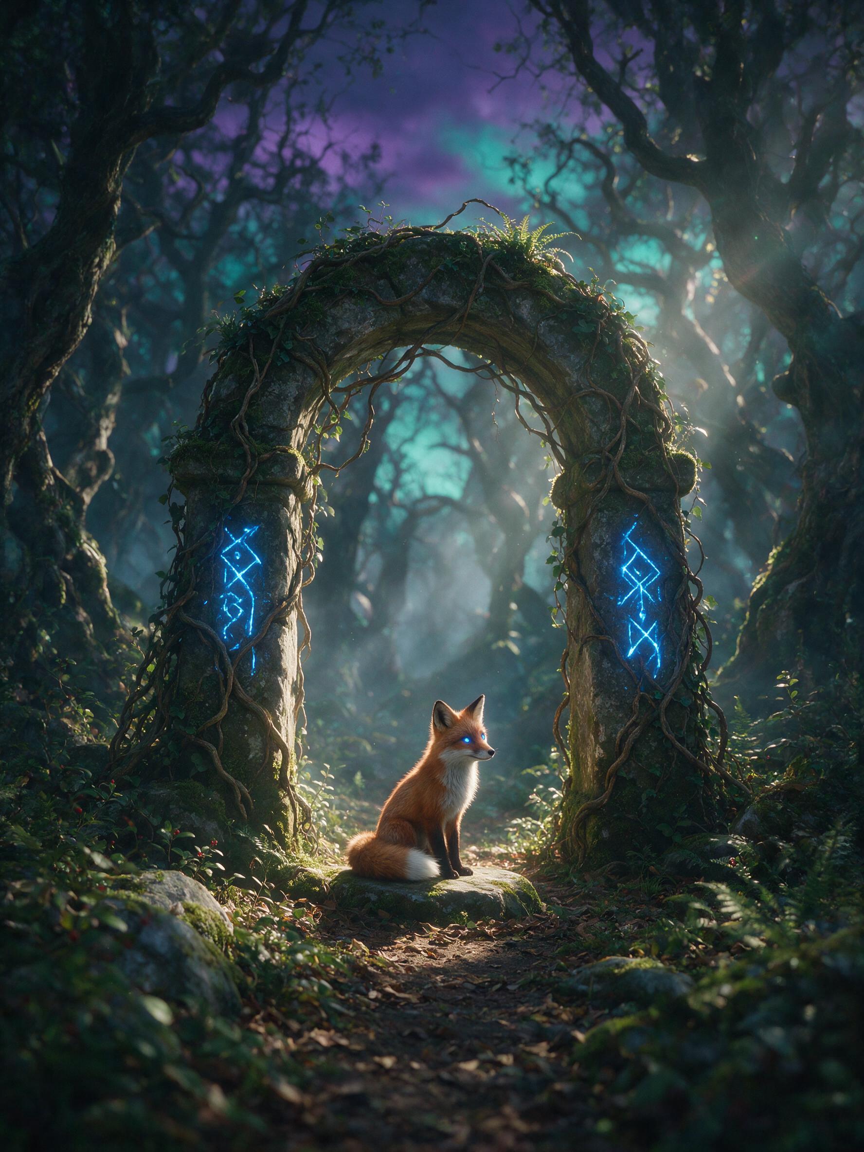 Overgrown ancient stone archway in a misty twilight forest, glowing blue runes along the pillars, a small fox with luminous eyes sitting beneath, volumetric light rays through twisted trees, deep purple and teal color palette, dreamy atmosphere, soft focus foreground, subtle lens flare.