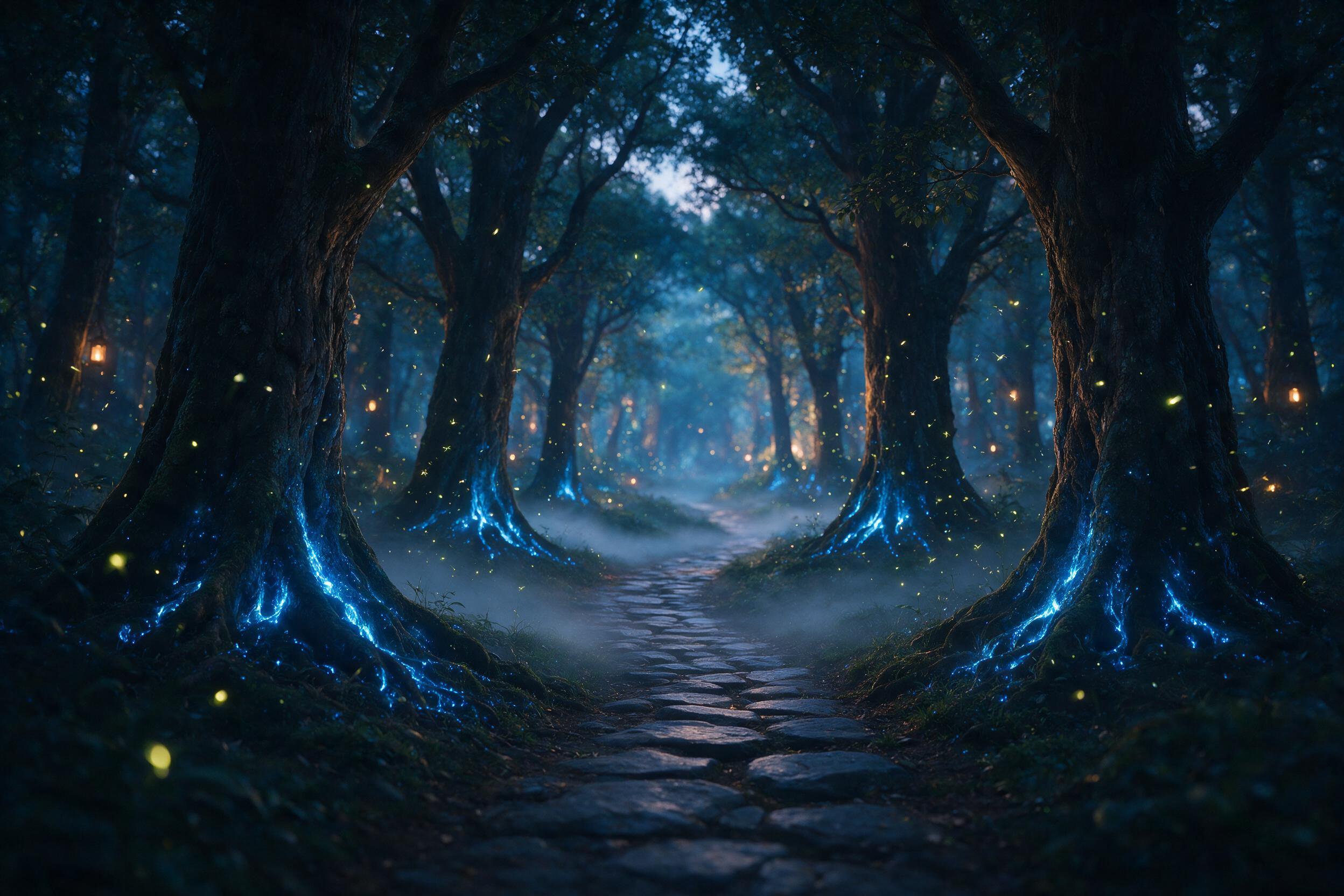 A luminous forest at twilight, ancient trees with glowing blue bioluminescent roots, soft mist hugging the ground, fireflies dancing in the air, a single stone path winding into the distance, dim amber light from hidden lanterns, shallow depth of field, ethereal atmosphere