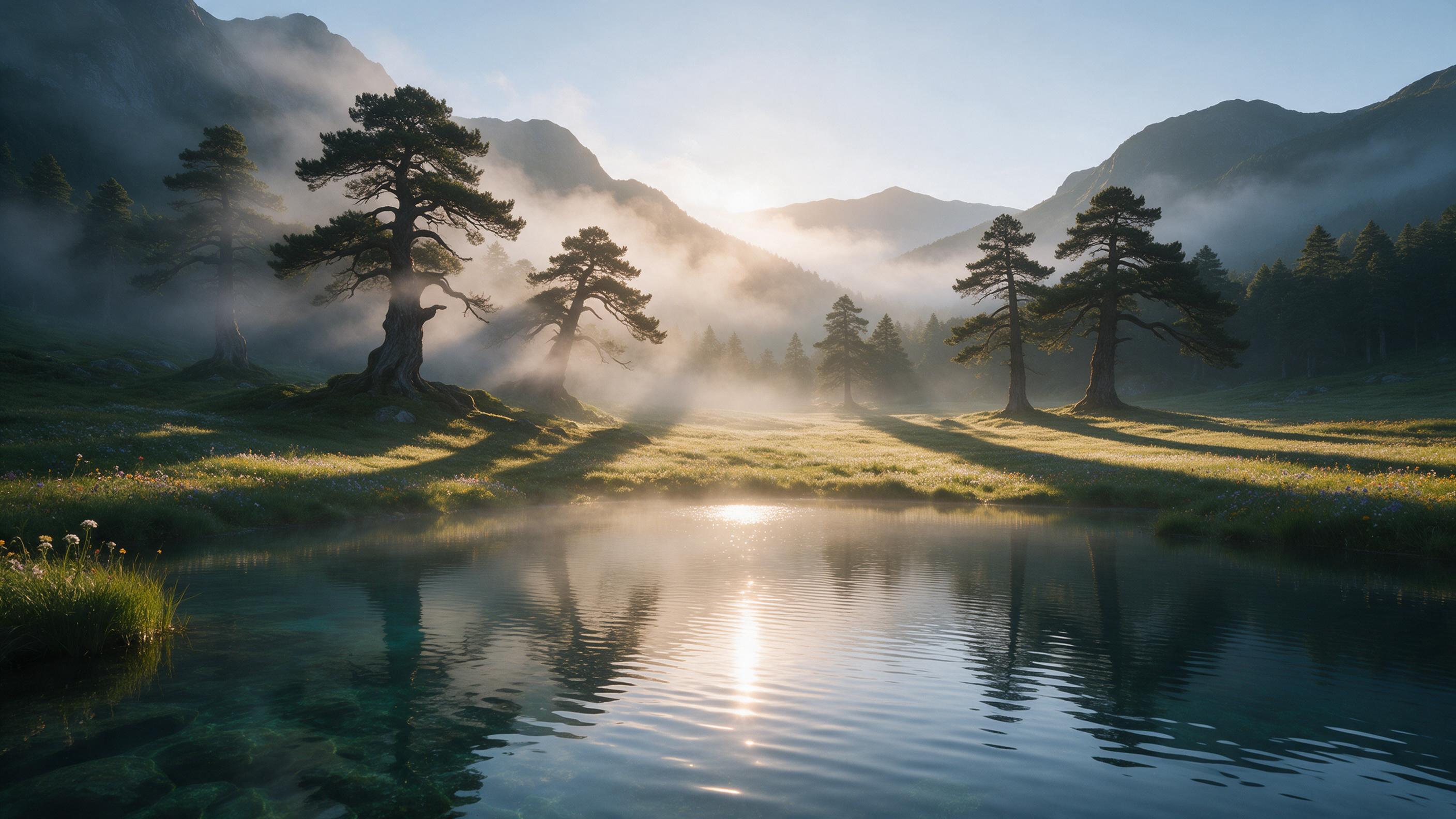 A serene mountain valley at dawn, mist curling around ancient pine trees, a crystal-clear lake reflecting the first golden light, long shadows stretching across wildflower meadows, soft atmospheric perspective, natural color palette, gentle water ripples, composition leads from the lake to the dista