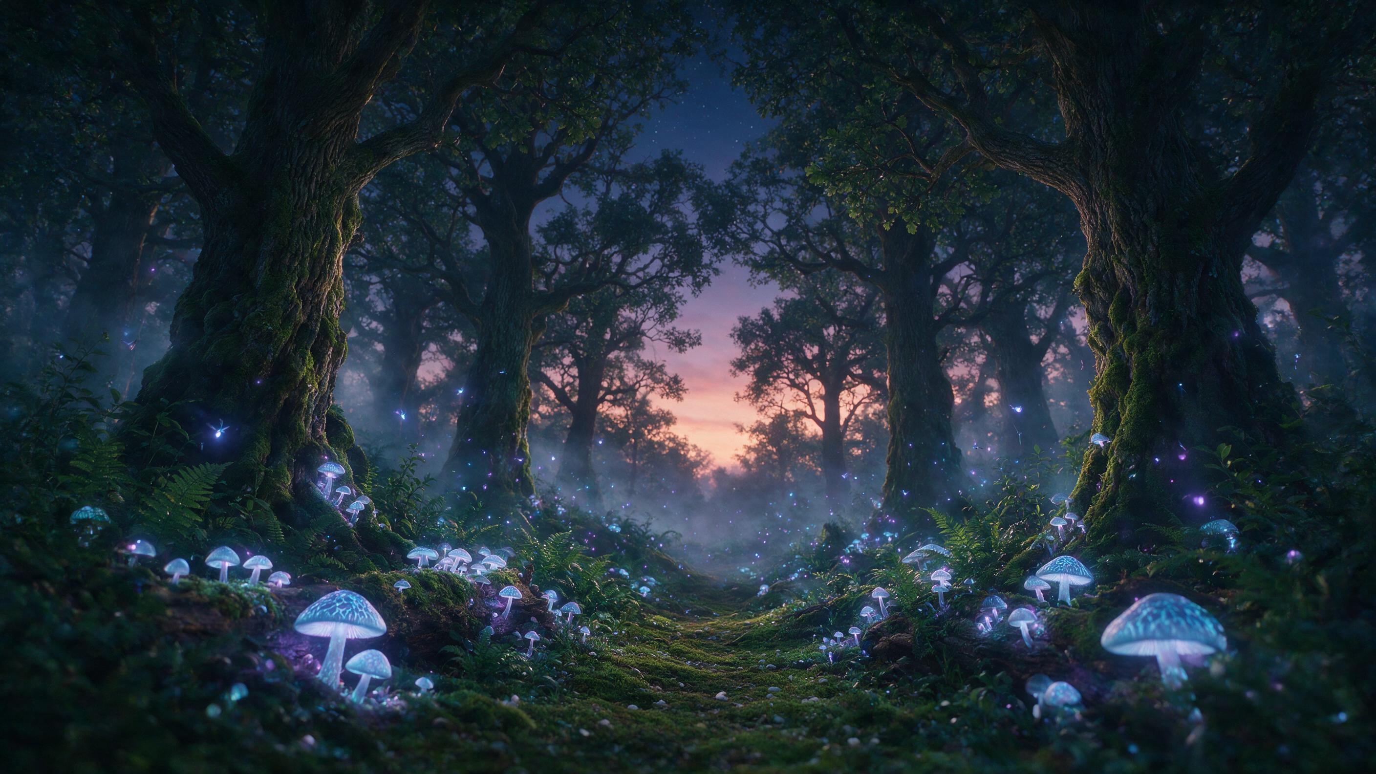 A luminous forest at twilight where bioluminescent mushrooms and floating fireflies cast soft blue and purple light across a winding mossy path, shallow depth of field, ethereal mist, cinematic composition, subtle lens flare, gentle natural glow