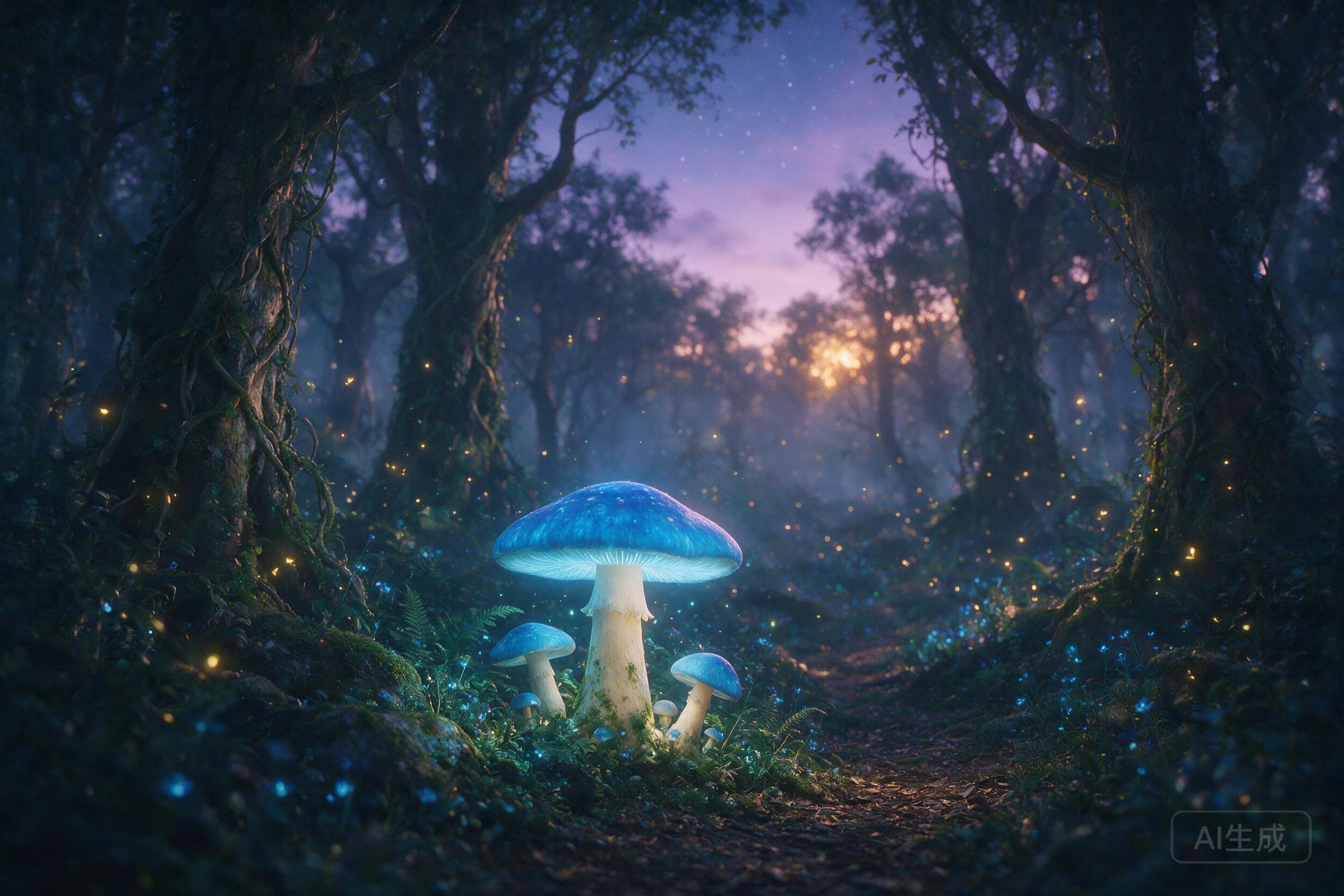 A luminescent glowing forest at twilight, giant mushrooms with bioluminescent blue caps, soft mist weaving through ancient trees, fireflies drifting like tiny lanterns, gentle purple and teal light bathing the scene, shallow depth of field, dreamy and ethereal mood, subtle film grain, warm golden ho