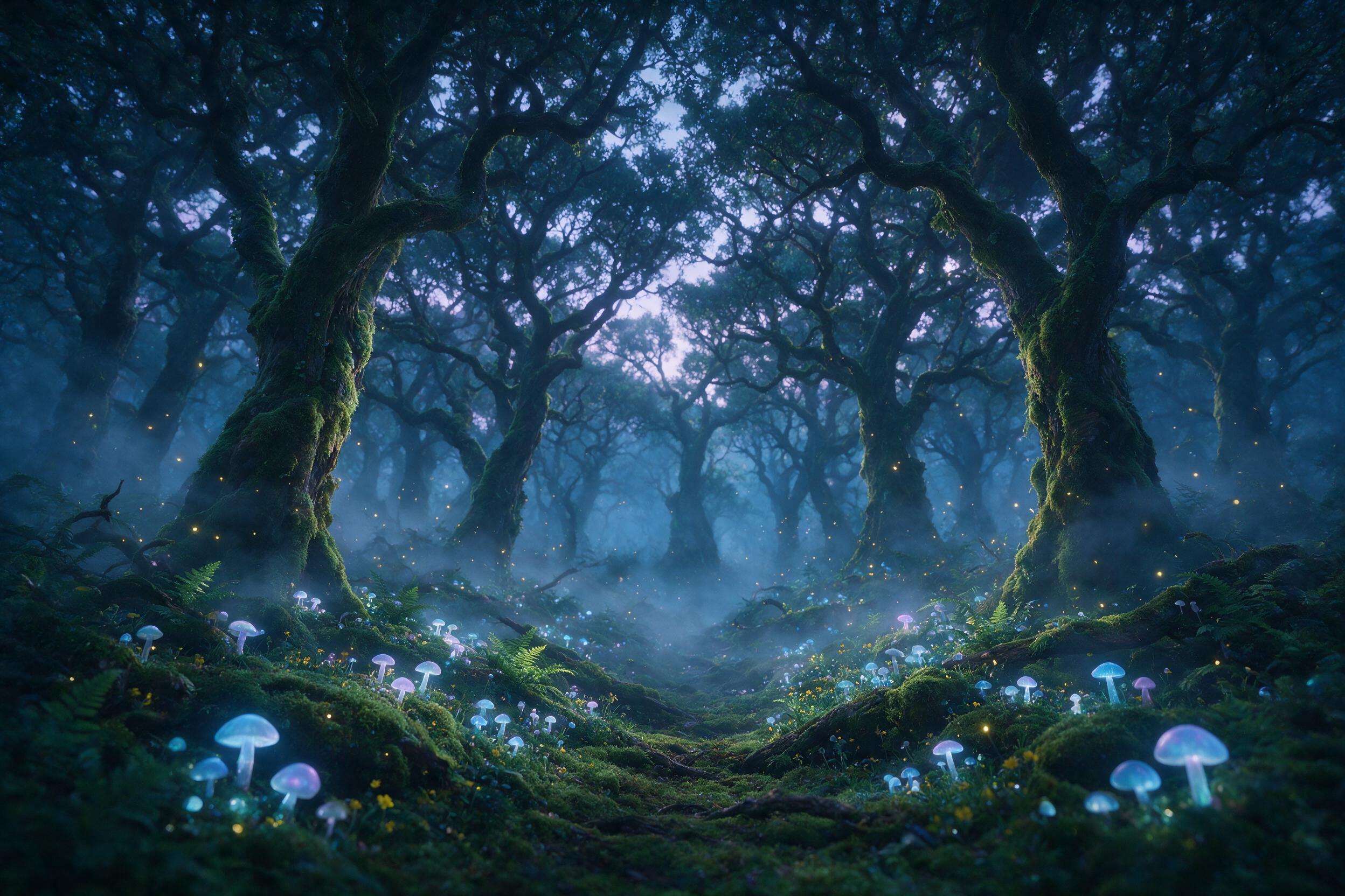 A mystical forest at twilight, soft blue and purple light filtering through ancient trees, glowing mushrooms and fireflies scattered on the mossy ground, gentle mist swirling, shallow depth of field, cinematic composition with a hint of magic