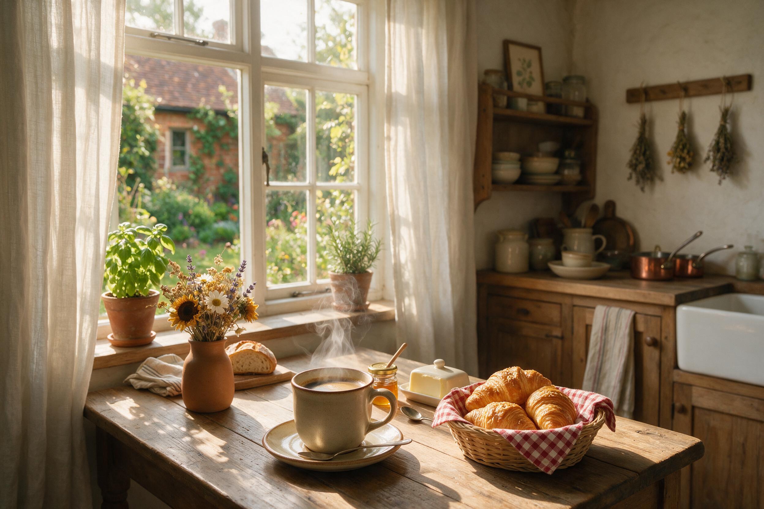 A cozy morning kitchen scene with soft sunlight streaming through a window, casting warm light on a wooden table with a steaming cup of coffee and fresh croissants, slight camera blur, natural shadows, calm atmosphere