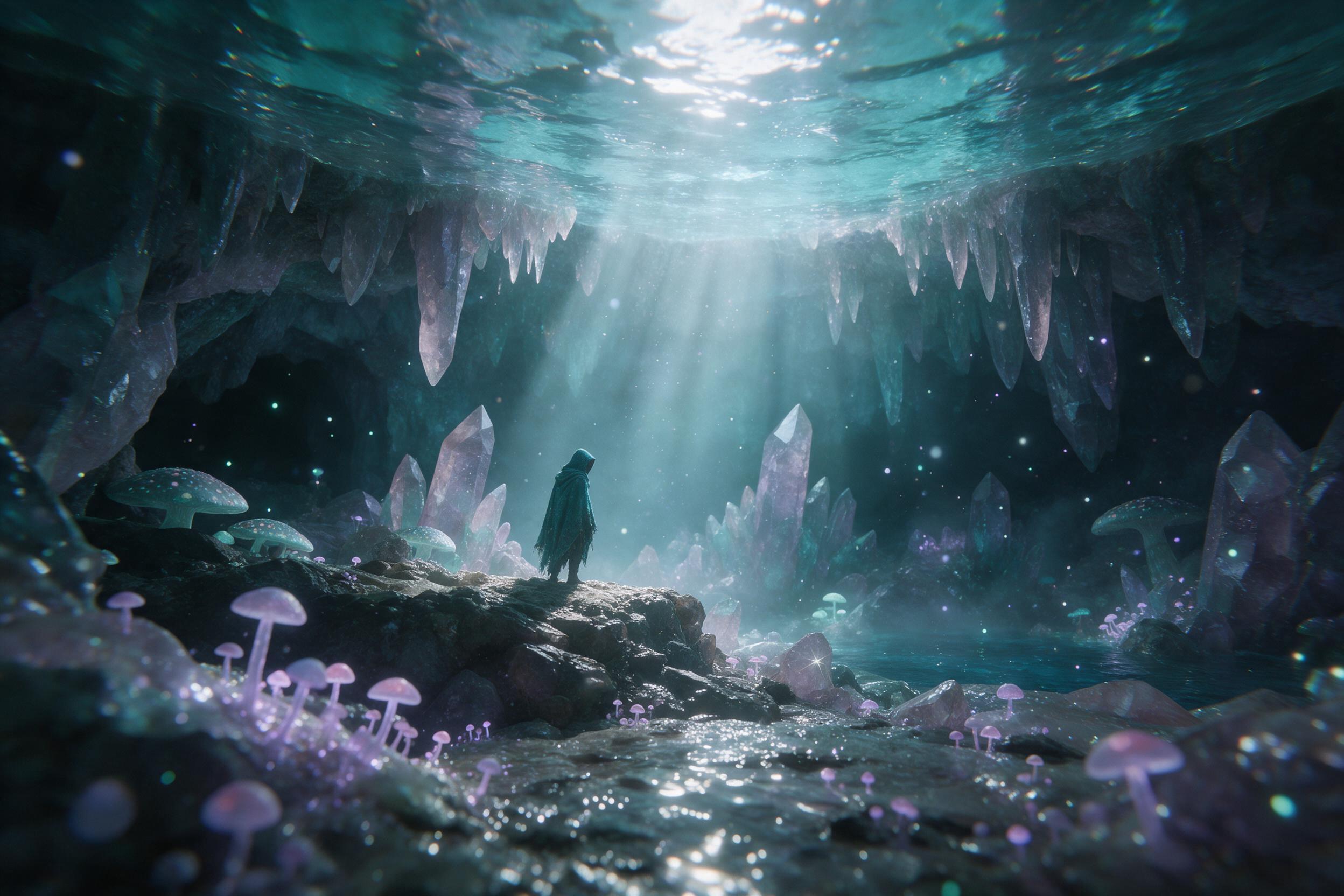 A moonlit crystal cavern beneath a glowing turquoise lake, luminescent mushrooms and floating spores, a lone hooded figure on a rocky ledge, soft volumetric light piercing through water above, ethereal mist, muted teal and lavender palette, slight camera shake on the shimmering reflections