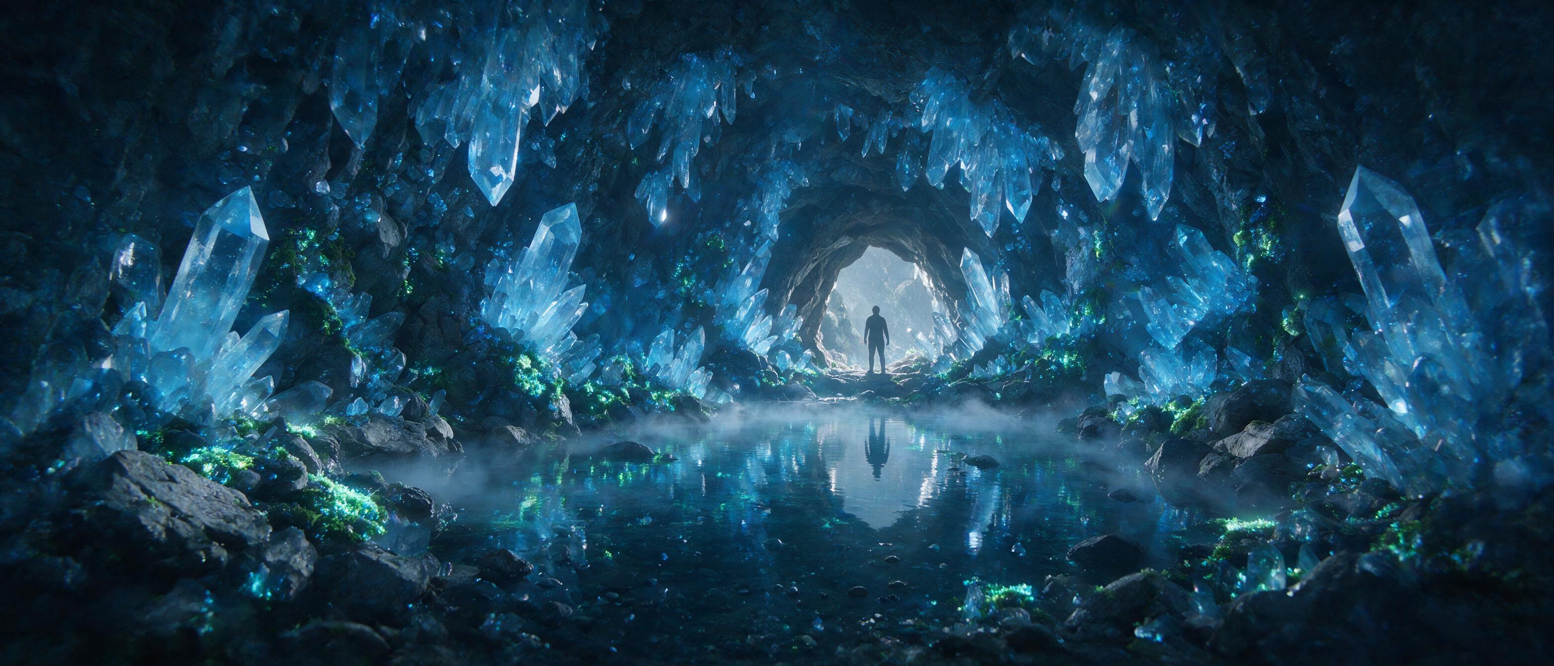 A luminous crystal cave deep underground, bioluminescent moss clinging to jagged walls, a faint mist swirling over a still pool reflecting the soft blue glow, silhouetted figure standing at the cave entrance, cinematic lighting, subtle lens flare, ethereal atmosphere