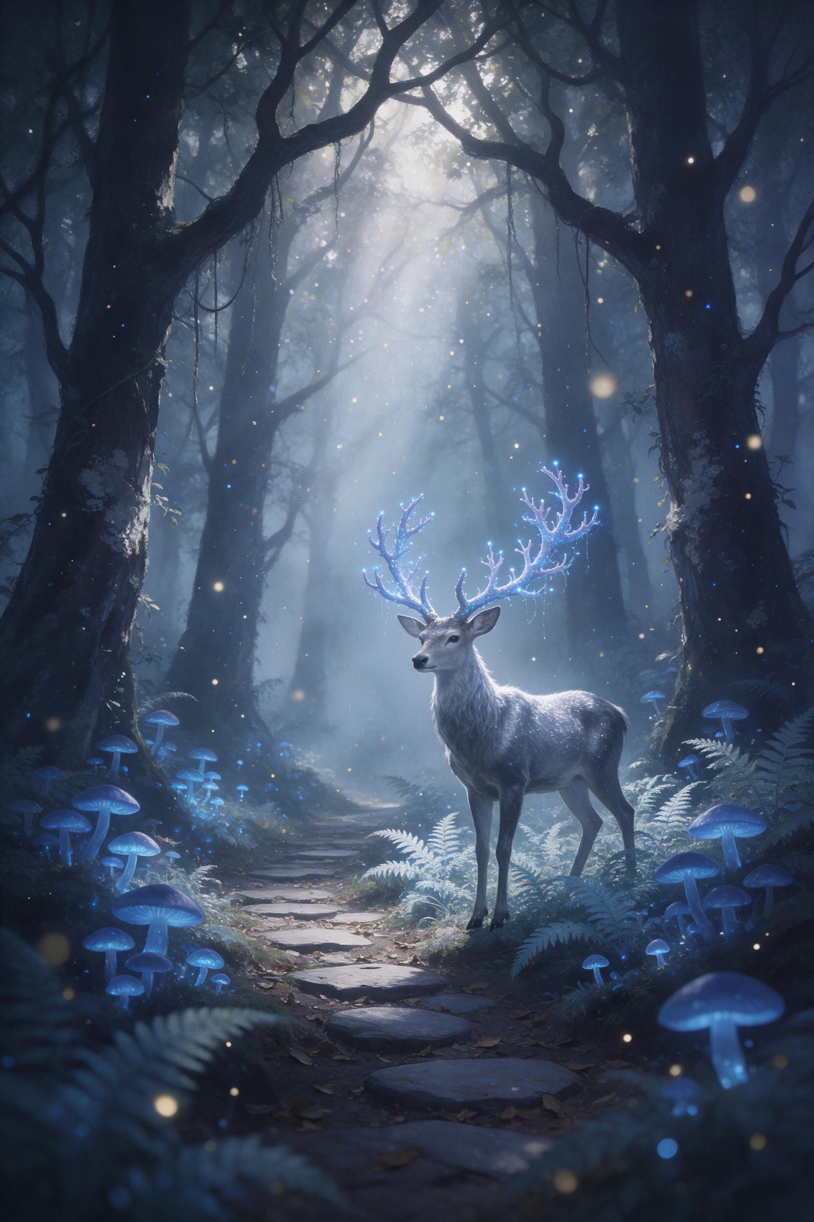 A misty ancient forest where glowing blue mushrooms line a winding path, a silver deer with antlers of bioluminescent coral stands among fern fronds, soft volumetric light filtering through canopy, magical particles drifting, ethereal atmosphere, shallow depth of field, painterly style.