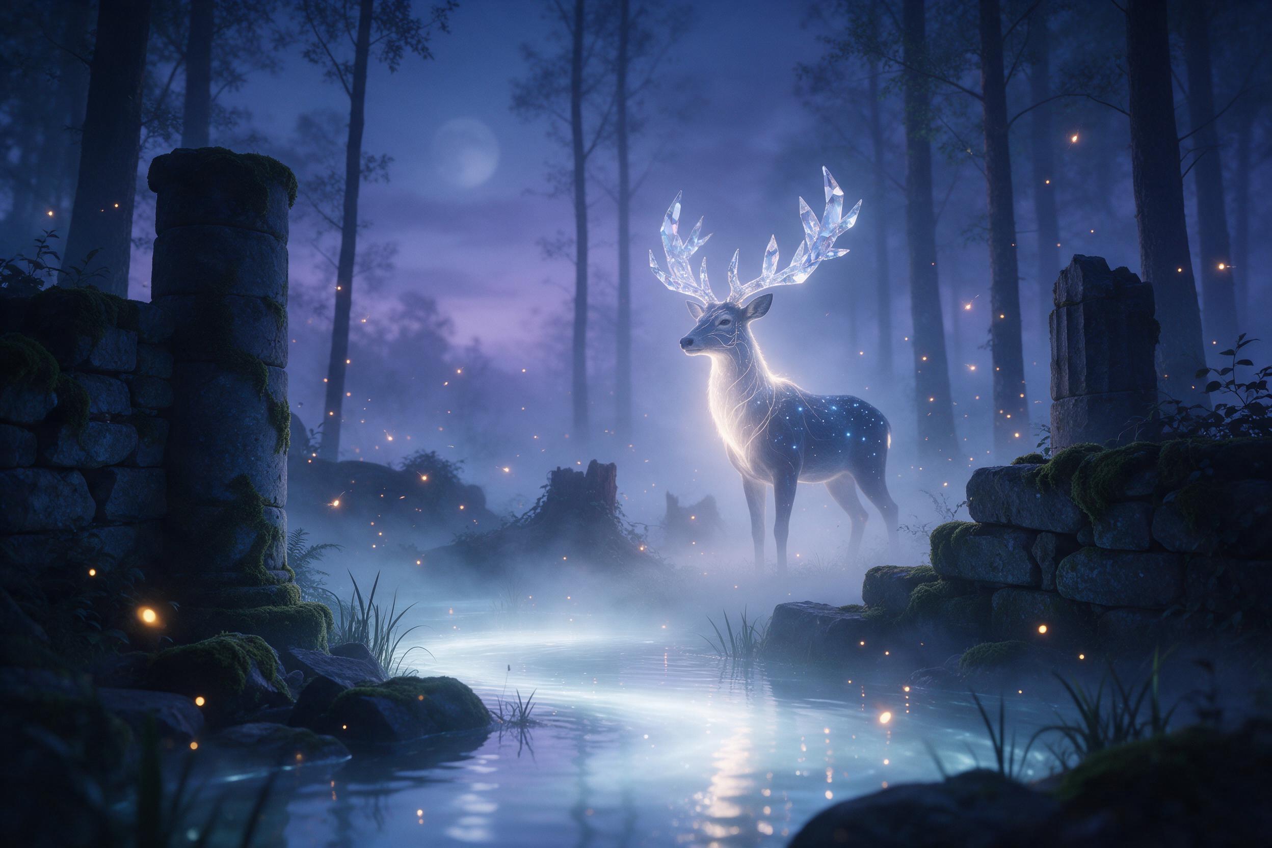 A misty forest clearing at twilight, where a luminous stag with crystal antlers stands beside a glowing pool. Fireflies drift like embers, casting soft reflections. Old stone ruins draped in moss frame the scene, with a distant, blurred moon. Cinematic composition, cool blue and violet palette, soft