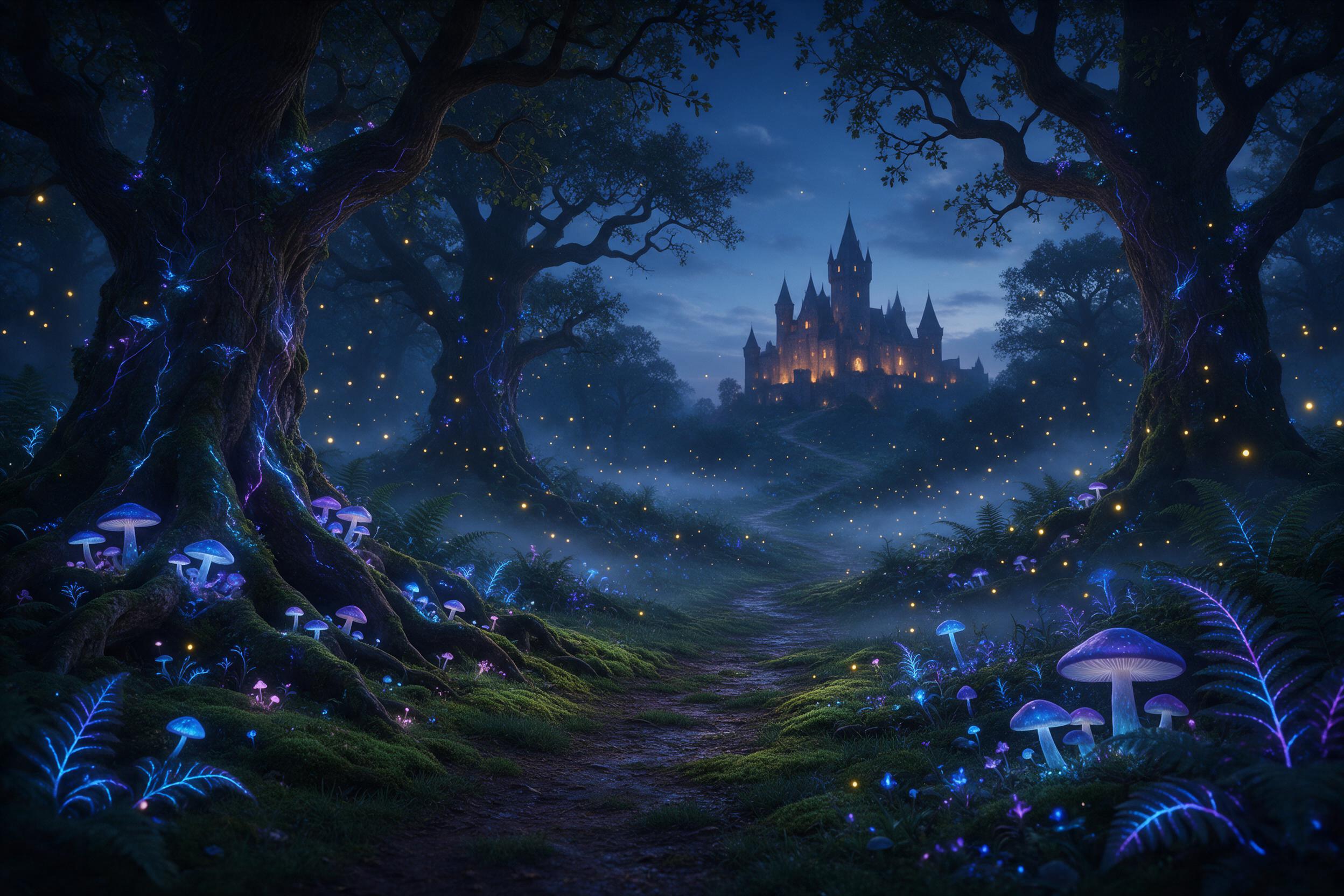 Enchanted bioluminescent forest at dusk, massive ancient oak trees with glowing blue and purple veins, fireflies swirling in the air, a winding moss-covered path leading to a distant castle silhouette, soft mist among ferns, warm amber light from the castle windows, rich colors, immersive atmosphere