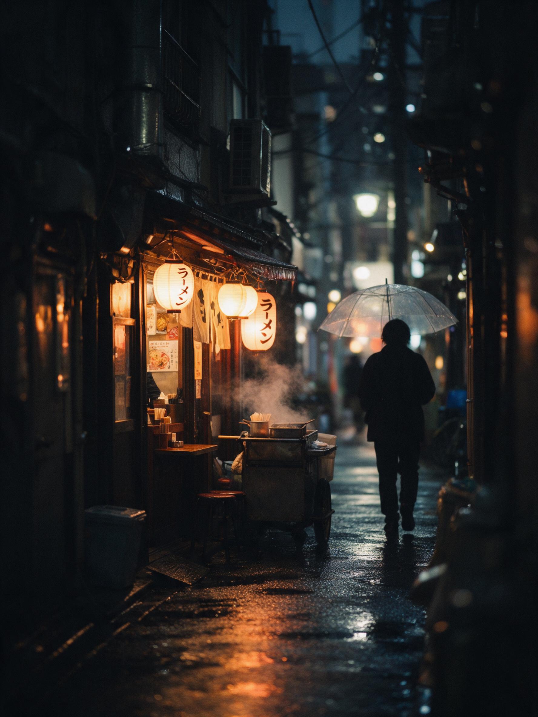 A rainy evening in a narrow Tokyo alley, warm glow from a tiny ramen shop's paper lanterns reflecting on wet pavement, steam rising from a food cart, a lone silhouetted figure with a transparent umbrella walking away, shallow depth of field, soft bokeh, natural moody light, slight grain.